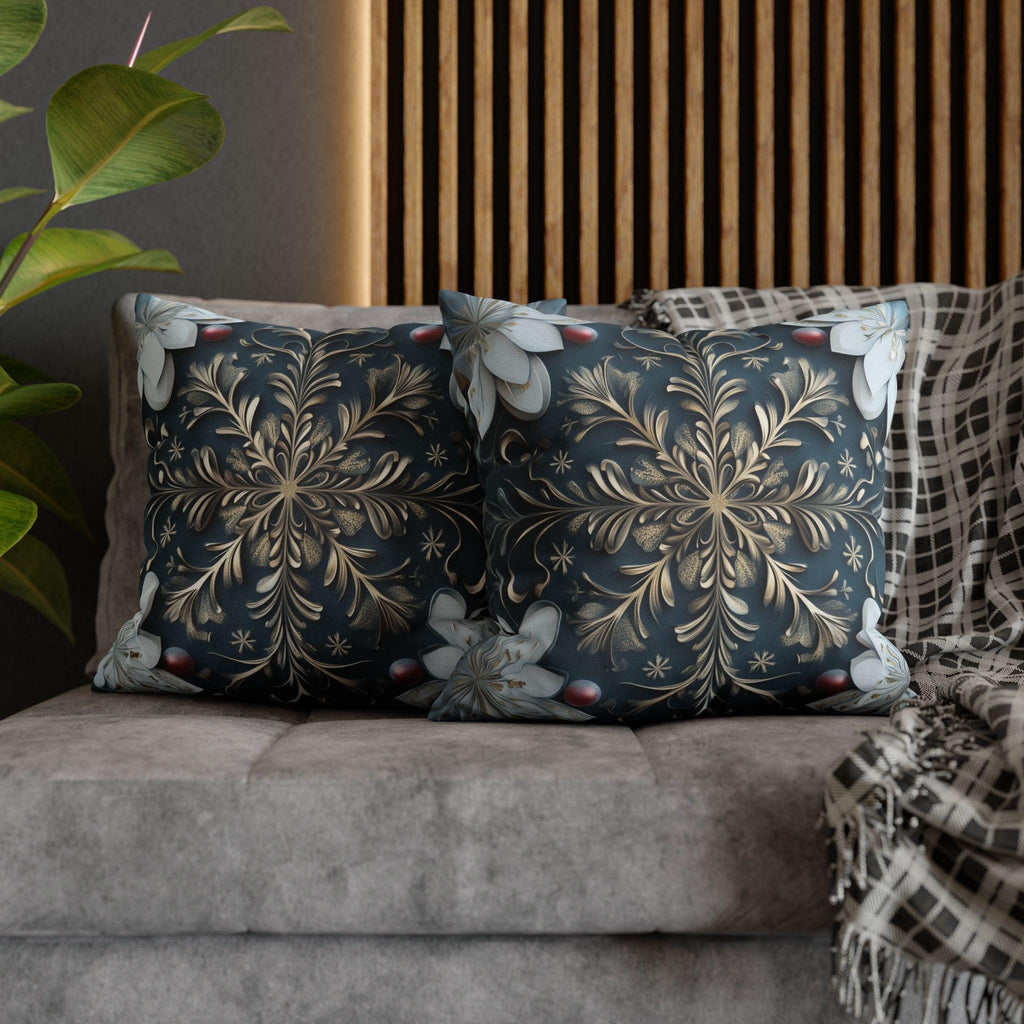 Gold White & Blue Snowflake Square Pillowcase, Elegant Festive Christmas Pillow Cover