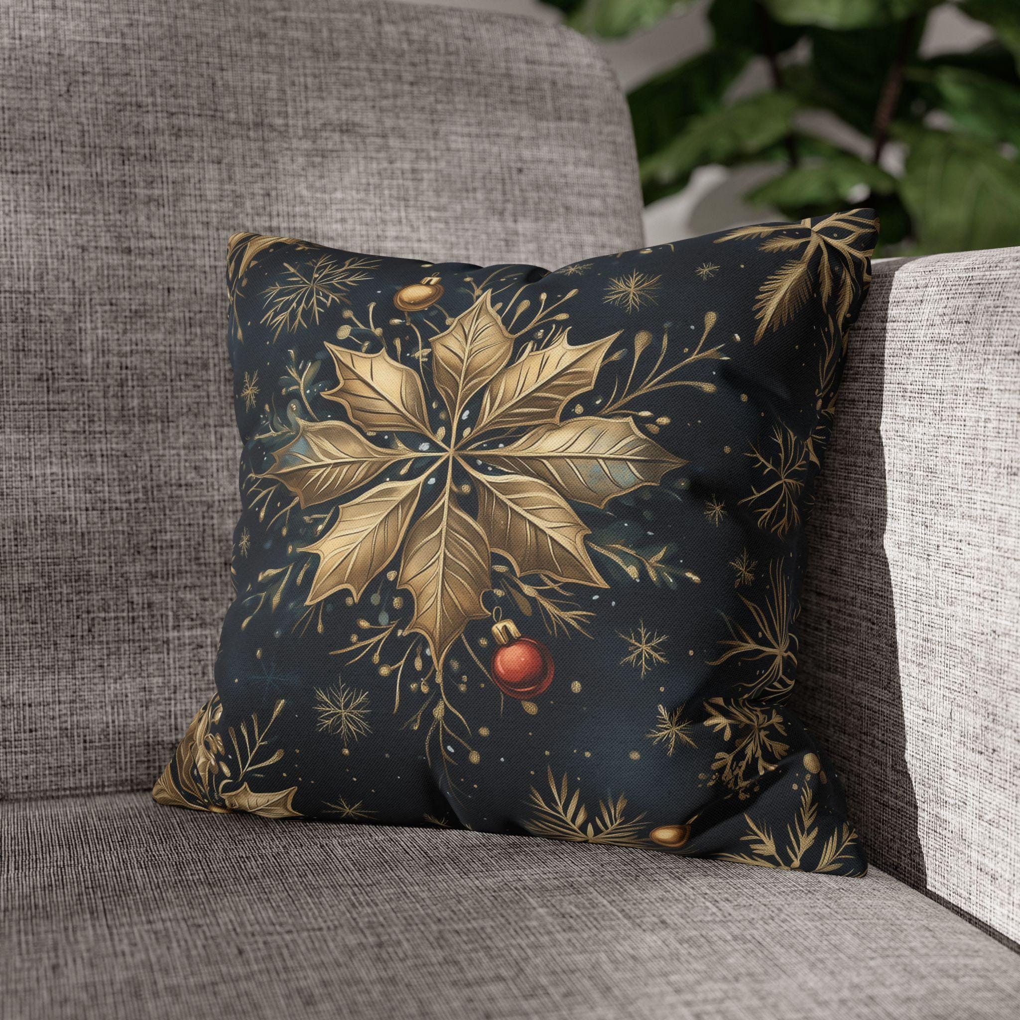 Elegant Poinsettia and Snowflake Pillow Cover | Holiday Decor | Gold Accents on a  Navy Blue Background
