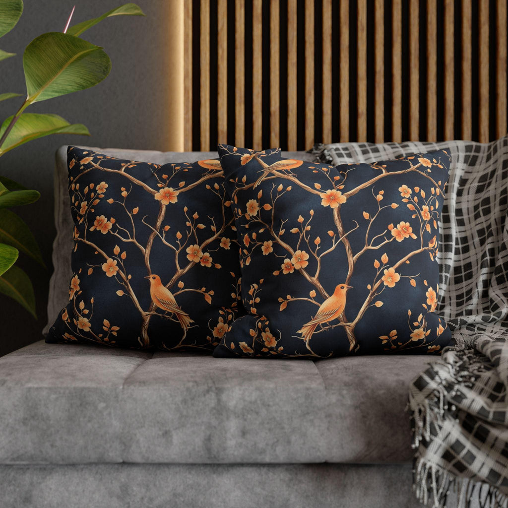Chinoiserie Bird Throw Pillow Cover: Peach & Chestnut Floral, Navy Blue