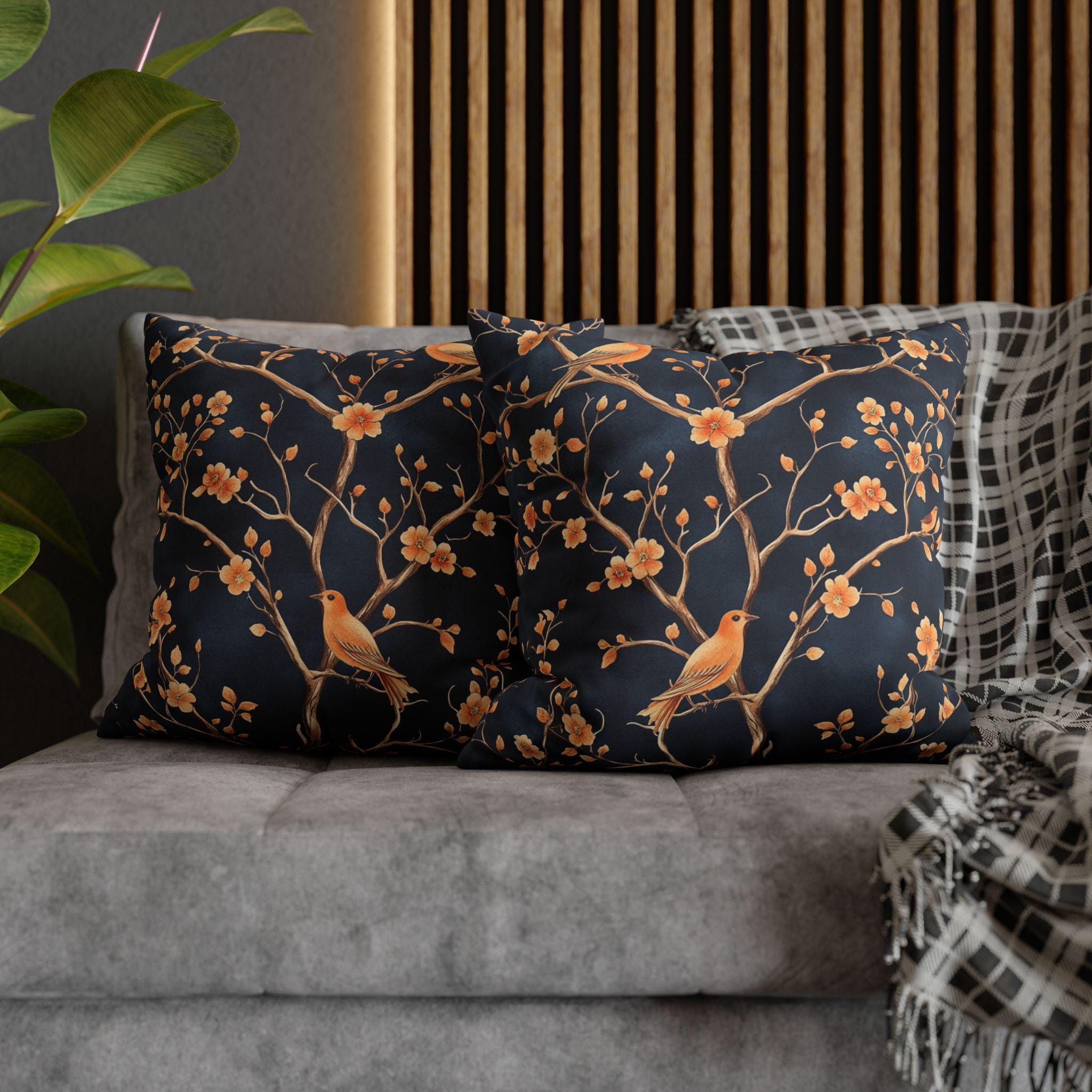Chinoiserie Bird Throw Pillow Cover: Peach & Chestnut Floral, Navy Blue