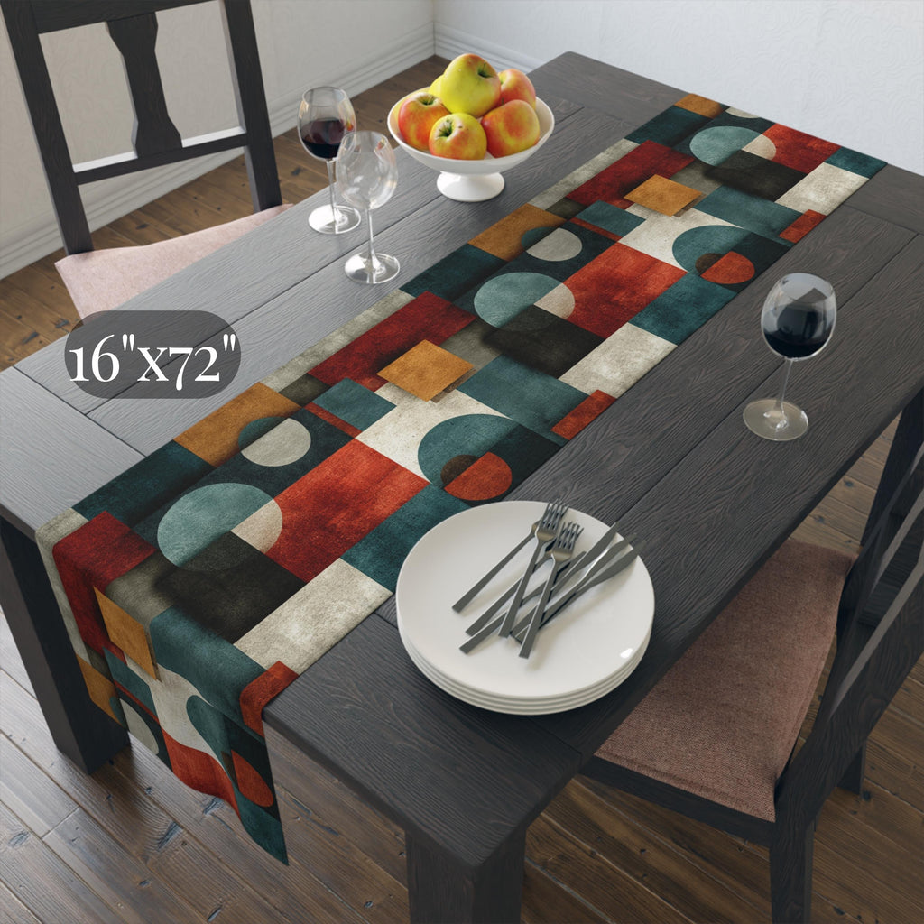 Bauhaus Table Runner: Geometric Mid Century Modern Decor in Teal-Gray, Rust and Cream