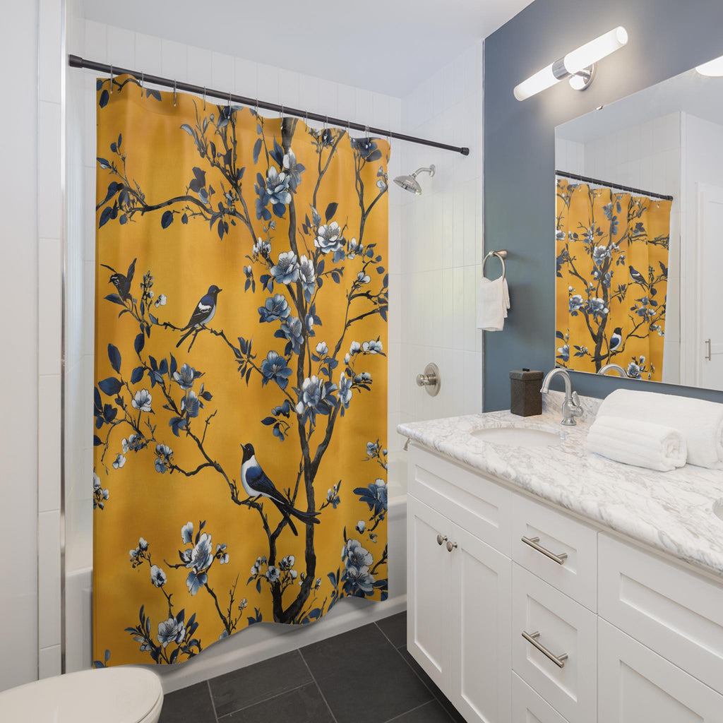 Elegant Chinoiserie Shower Curtain: Blue Birds on Golden Floral Branches, Nature-Inspired Bathroom Decor