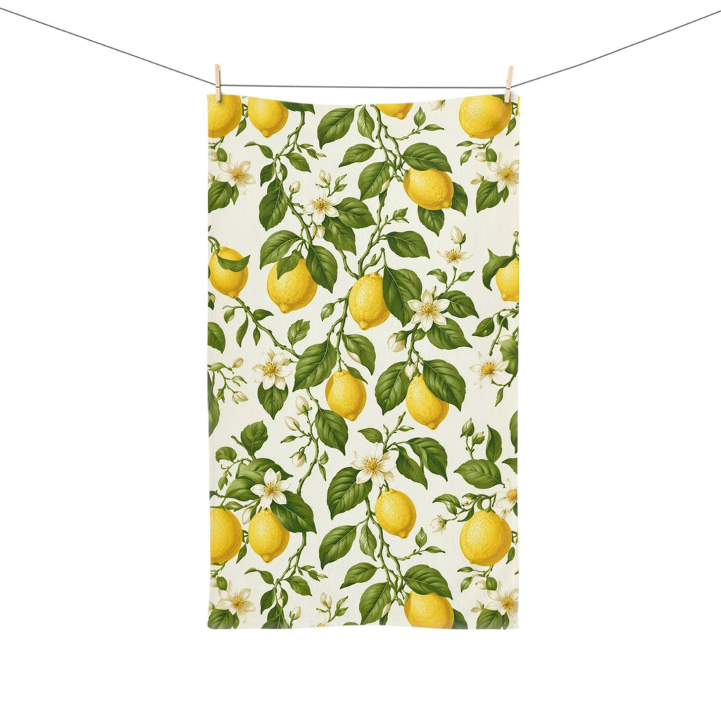 Lemon Hand Towel: with Green Leaves and Florals on a Creamy White Background