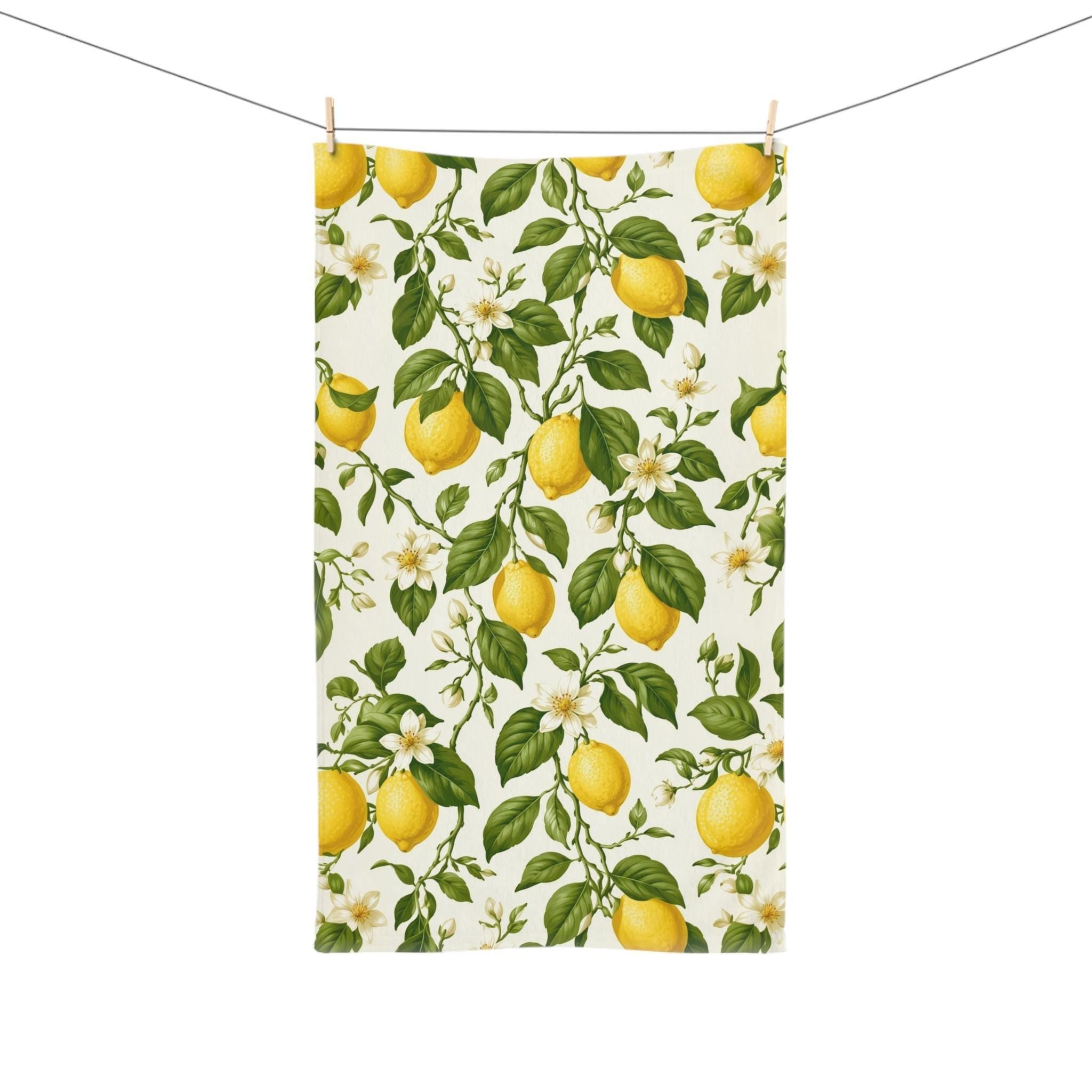 Lemon Hand Towel: with Green Leaves and Florals on a Creamy White Background
