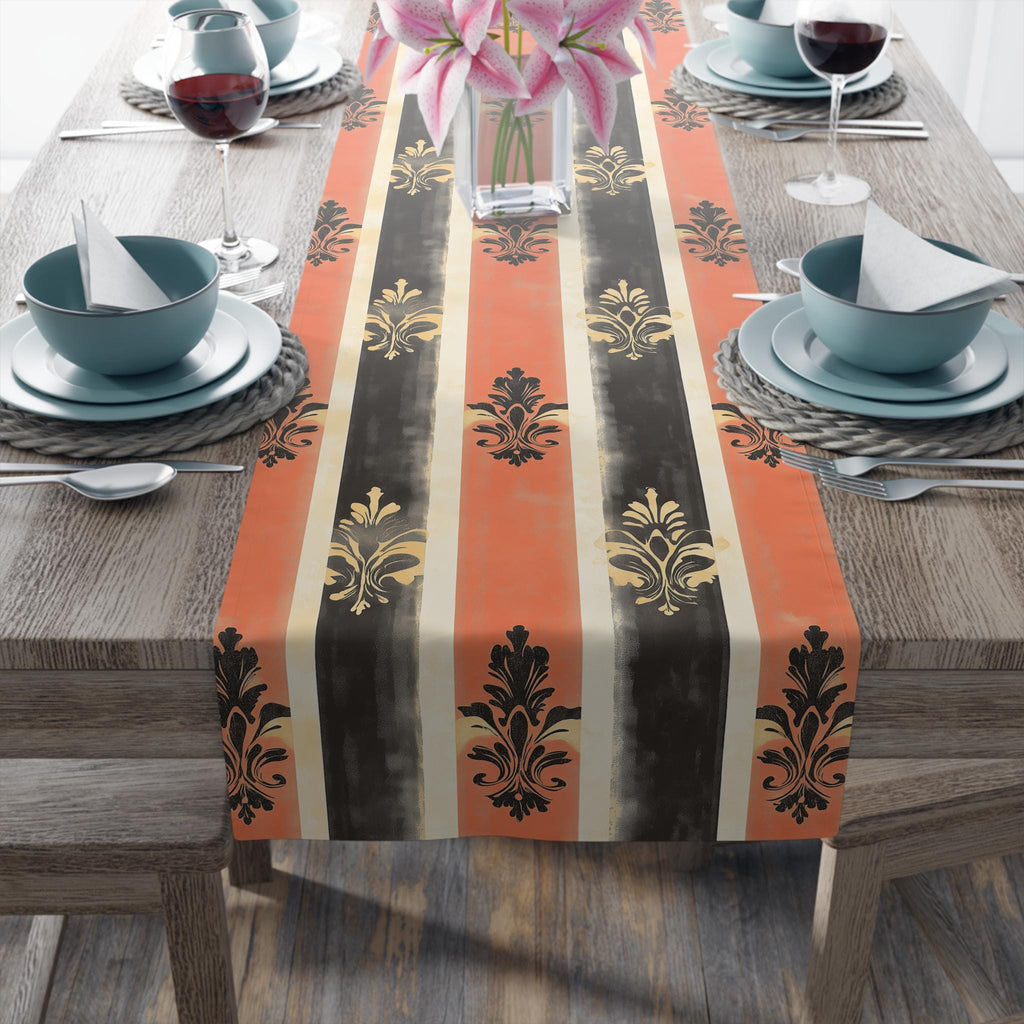 Elegant Patriotic Farmhouse Table Runner: Red, White & Navy Stripes with Gold Damask Floral Motifs