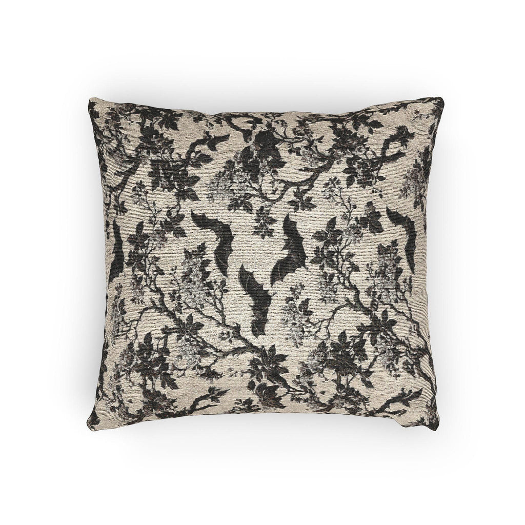Chinoiserie Five Bats Woven Throw Pillow: Black and Cream Halloween Floral