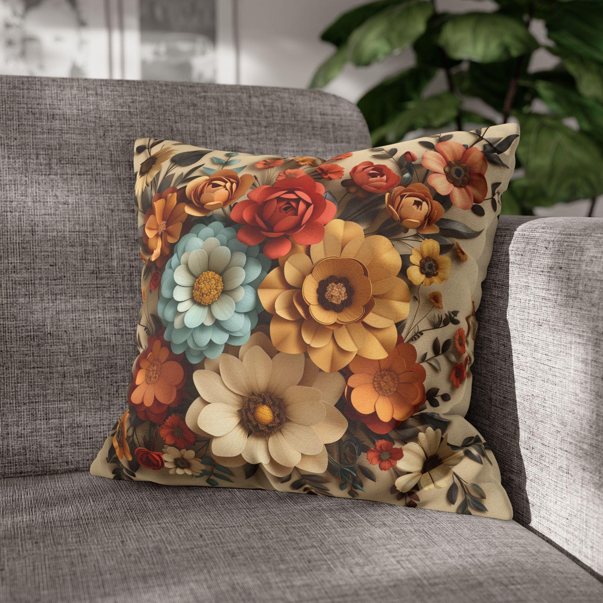 Autumn Floral Pillow Cover, Fall Flowers on Beige (14x14 to 20x20 inches)