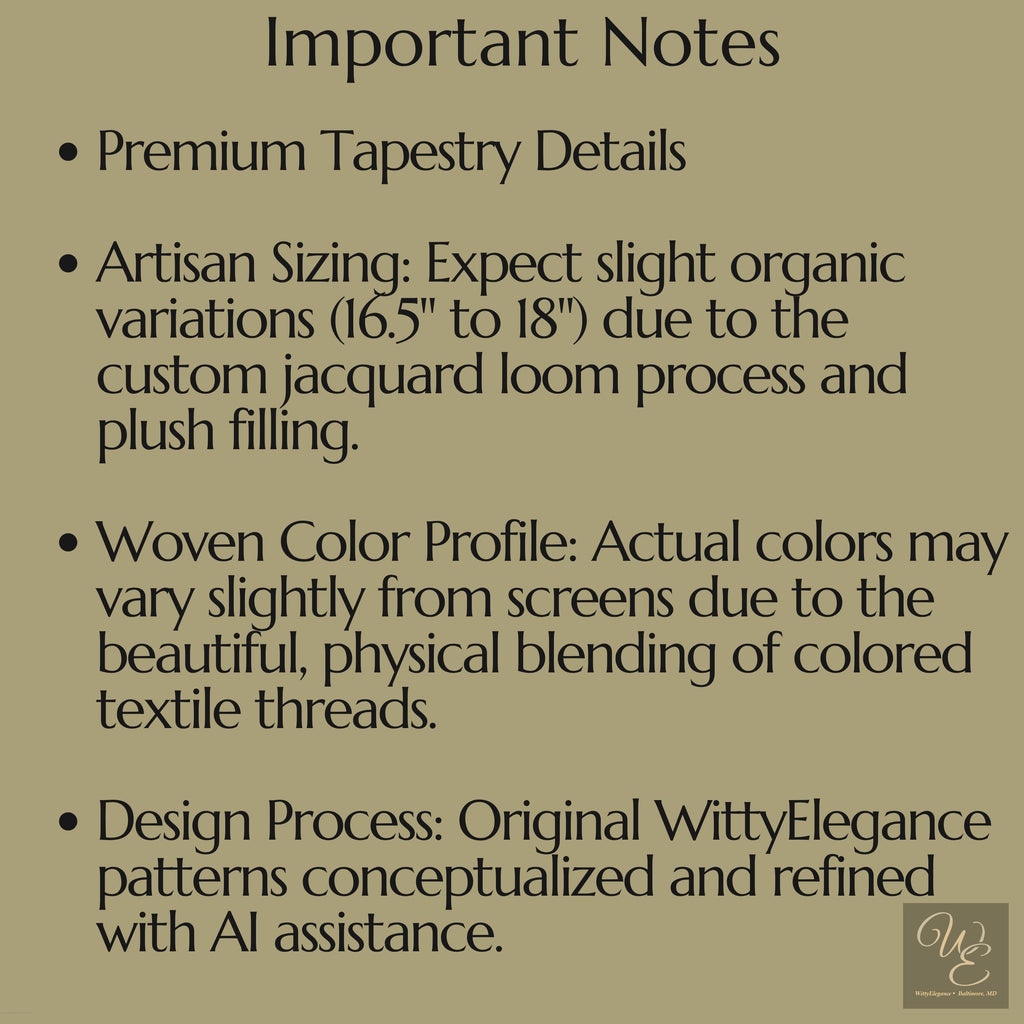 important notes about the premium tapestry details, artisan sizing, woven color profile, and the design process.