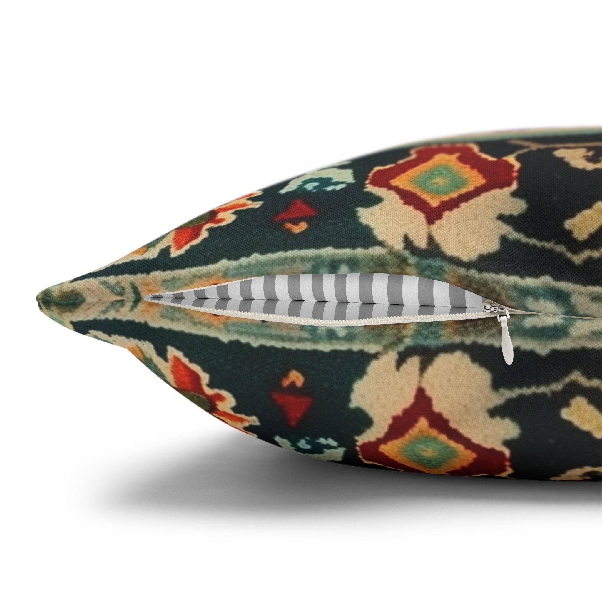 Turkish Rug-Inspired Throw Pillow Cover: Deep Teal & Warm Red Medallion Pattern Square Cushion