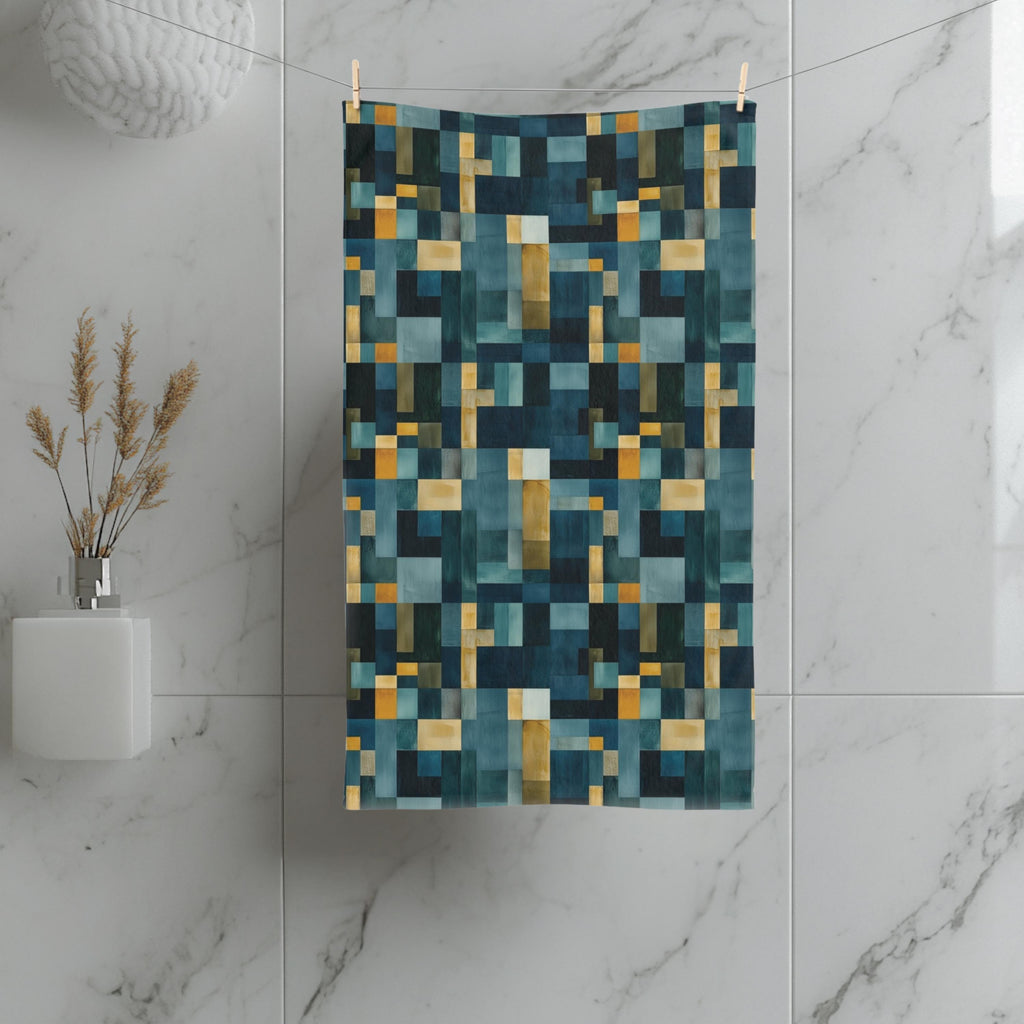 Geometric Abstract Hand Towel: Blue & Earthy Tones, Modern Rustic Decor, Hand-painted Effect
