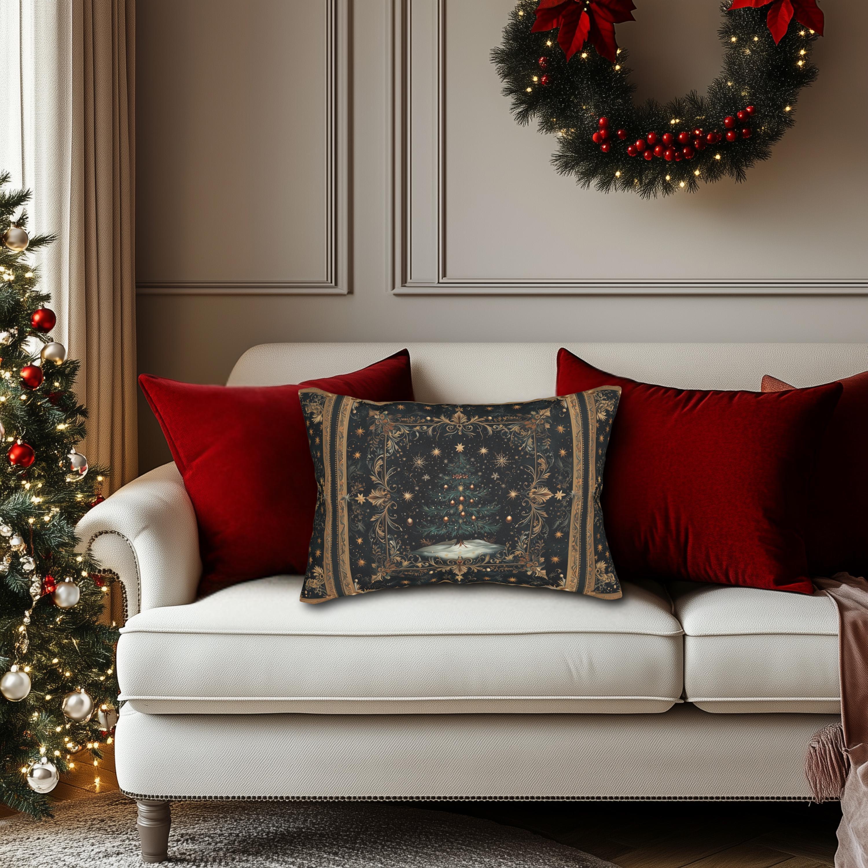 William Morris Christmas Tree Lumbar Pillow: Starry Night Holiday Decor Elegant Gold Botanical Style