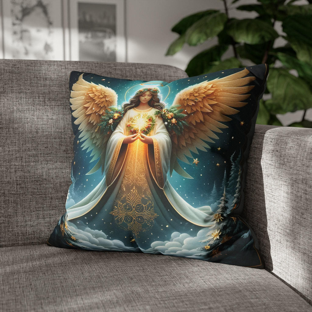 Angelic Christmas Throw Pillow Cover: Midnight Blue Decorative Holiday Cushion with Golden Wings