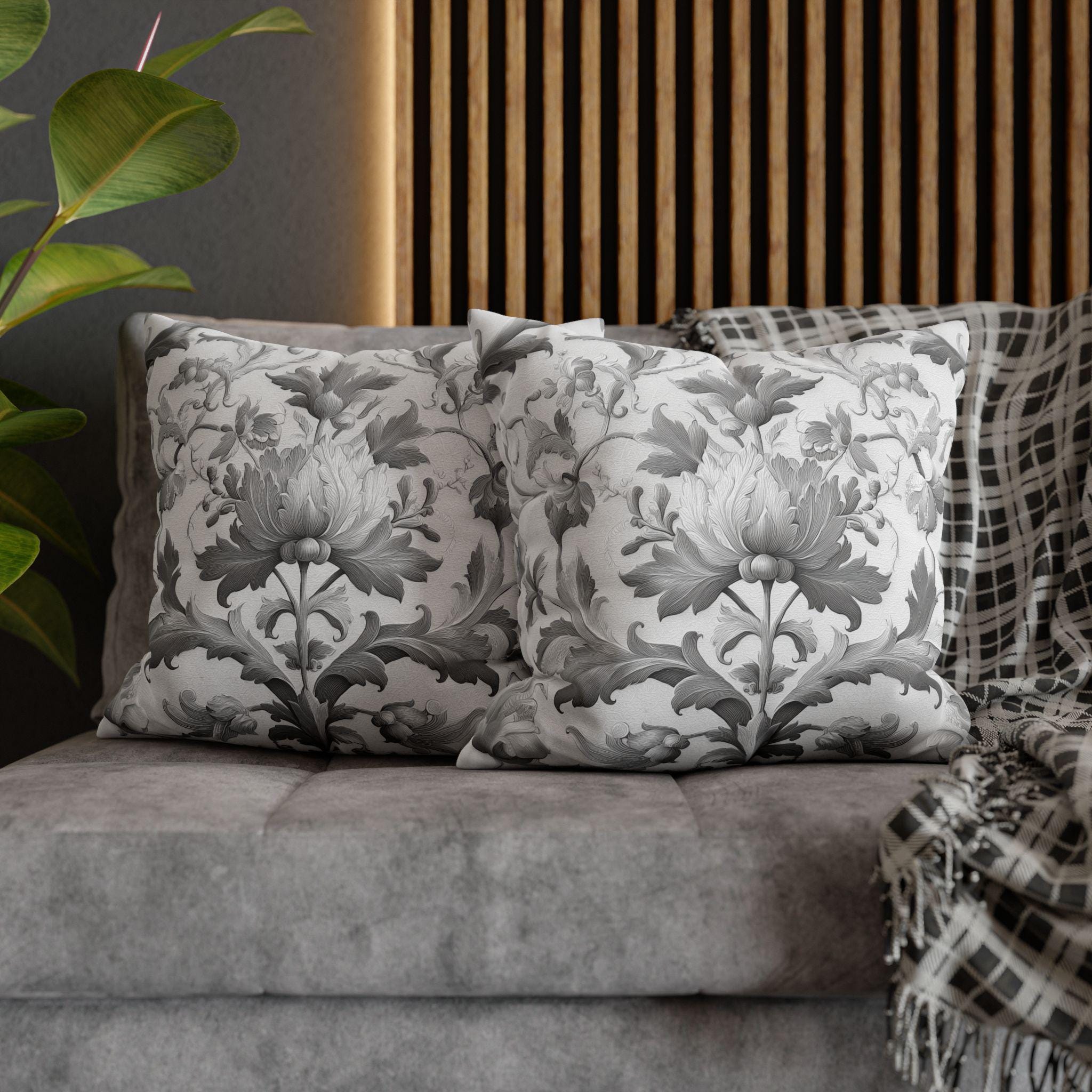 Jacobean Floral Pillow Cover: Gray & White Vintage Decor