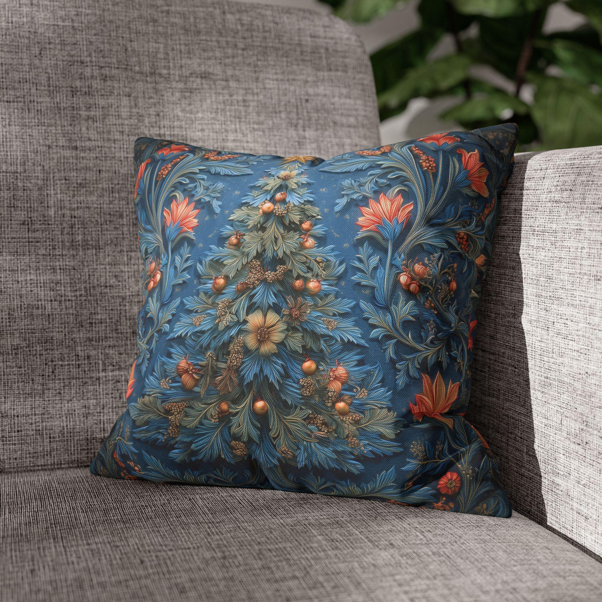 William Morris Inspired Christmas Tree Pillow Cover: Vintage Floral Holiday Design in Navy & Copper