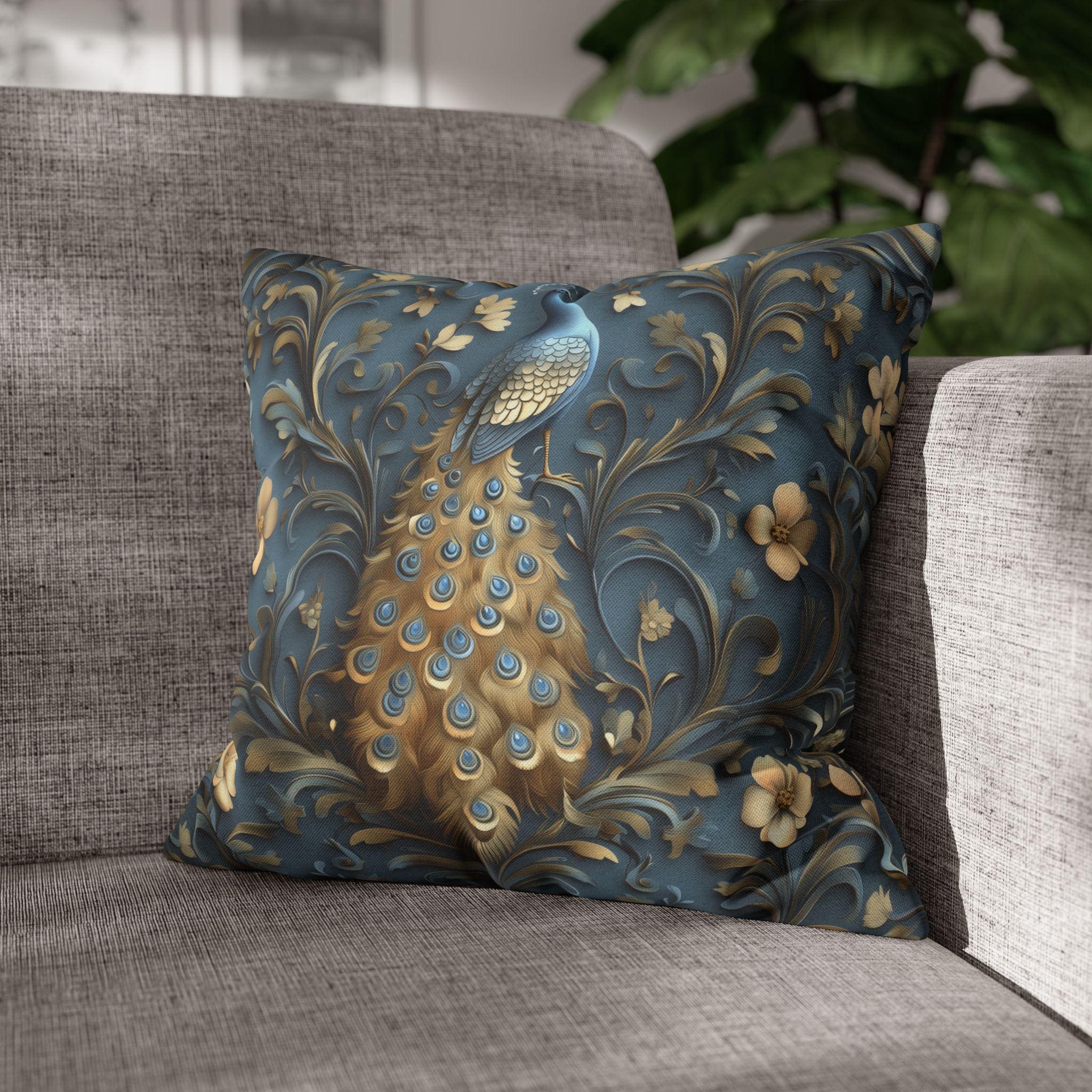 Elegant William Morris Peacock Pillow Cover: Vintage Arts and Crafts Blue Gold Bird Cushion