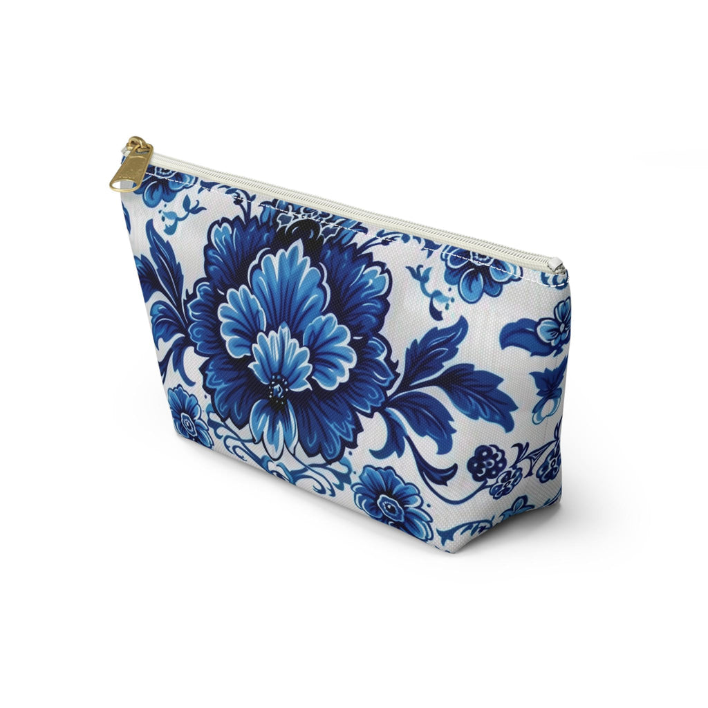Elegant Blue Floral Accessory Pouch: Boho Makeup Bag & Travel Organizer with Porcelain Pattern