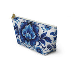 Elegant Blue Floral Accessory Pouch: Boho Makeup Bag & Travel Organizer with Porcelain Pattern