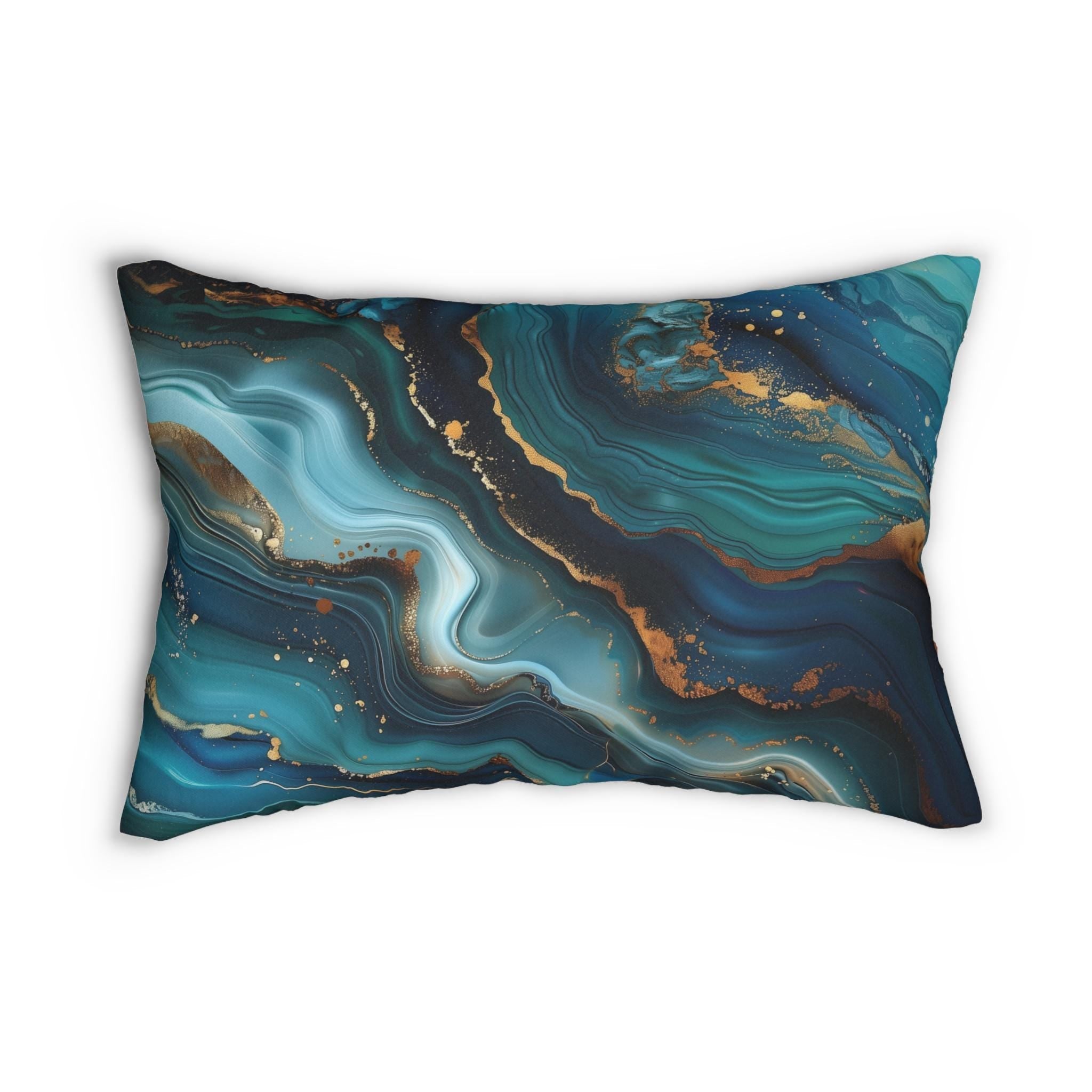 Sophisticated Ocean Waves Lumbar Pillow: Dark Blue & Teal with Gold Accents - Nautical Decor Gift