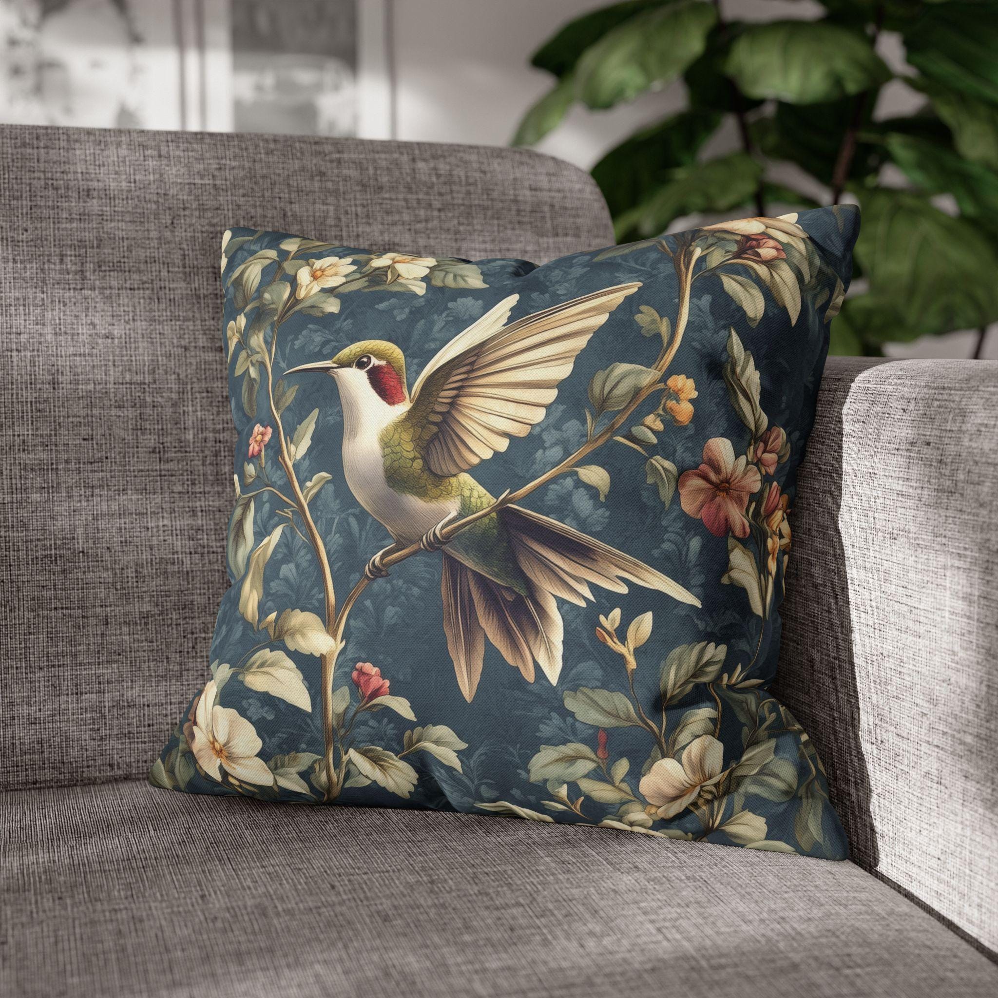 William Morris Inspired Hummingbird Pillow Cover: Vintage Floral Design with Botanical Elegance