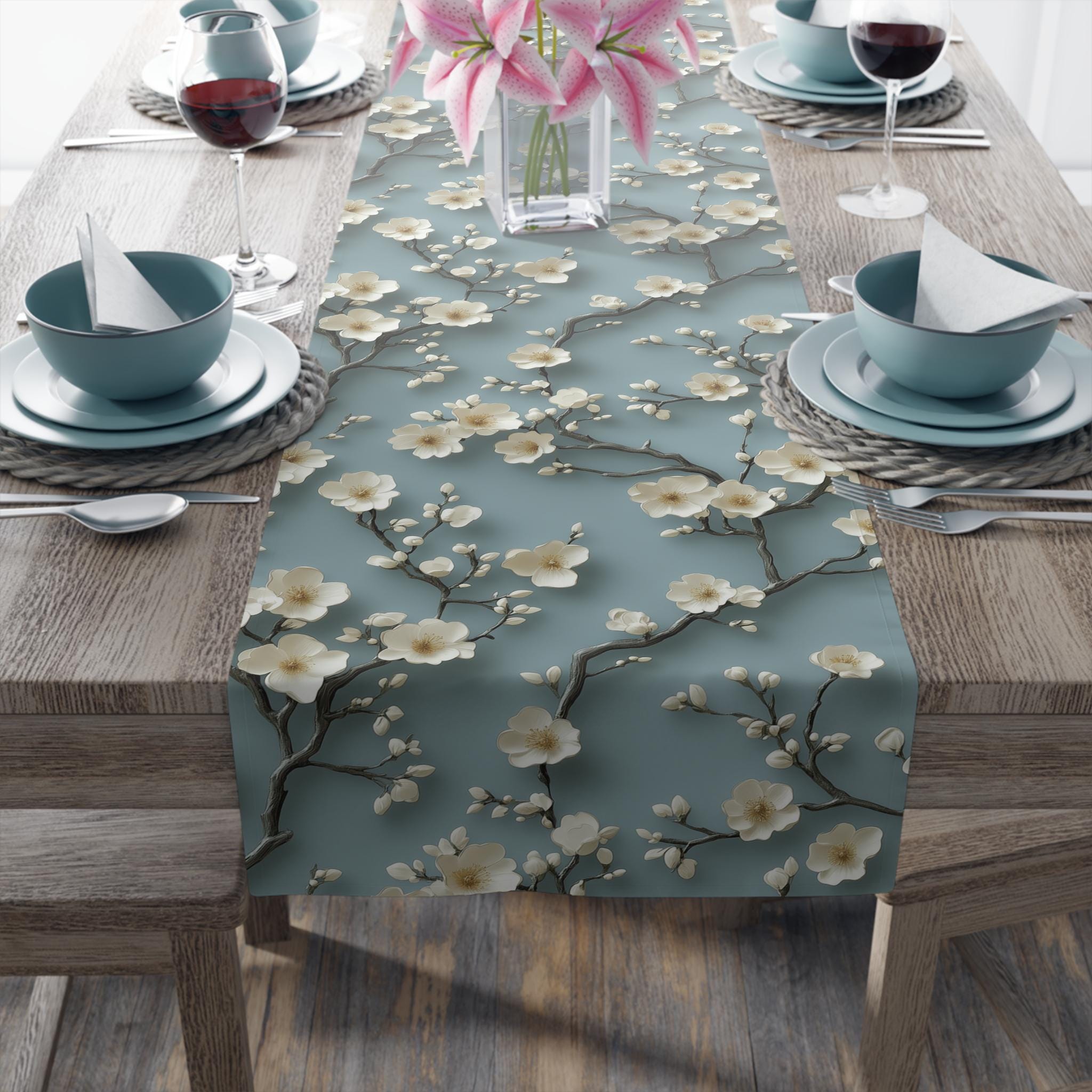 Elegant Chinoiserie Table Runner: Blue-Teal Gradient Cherry Blossom Design for Modern Dining Decor