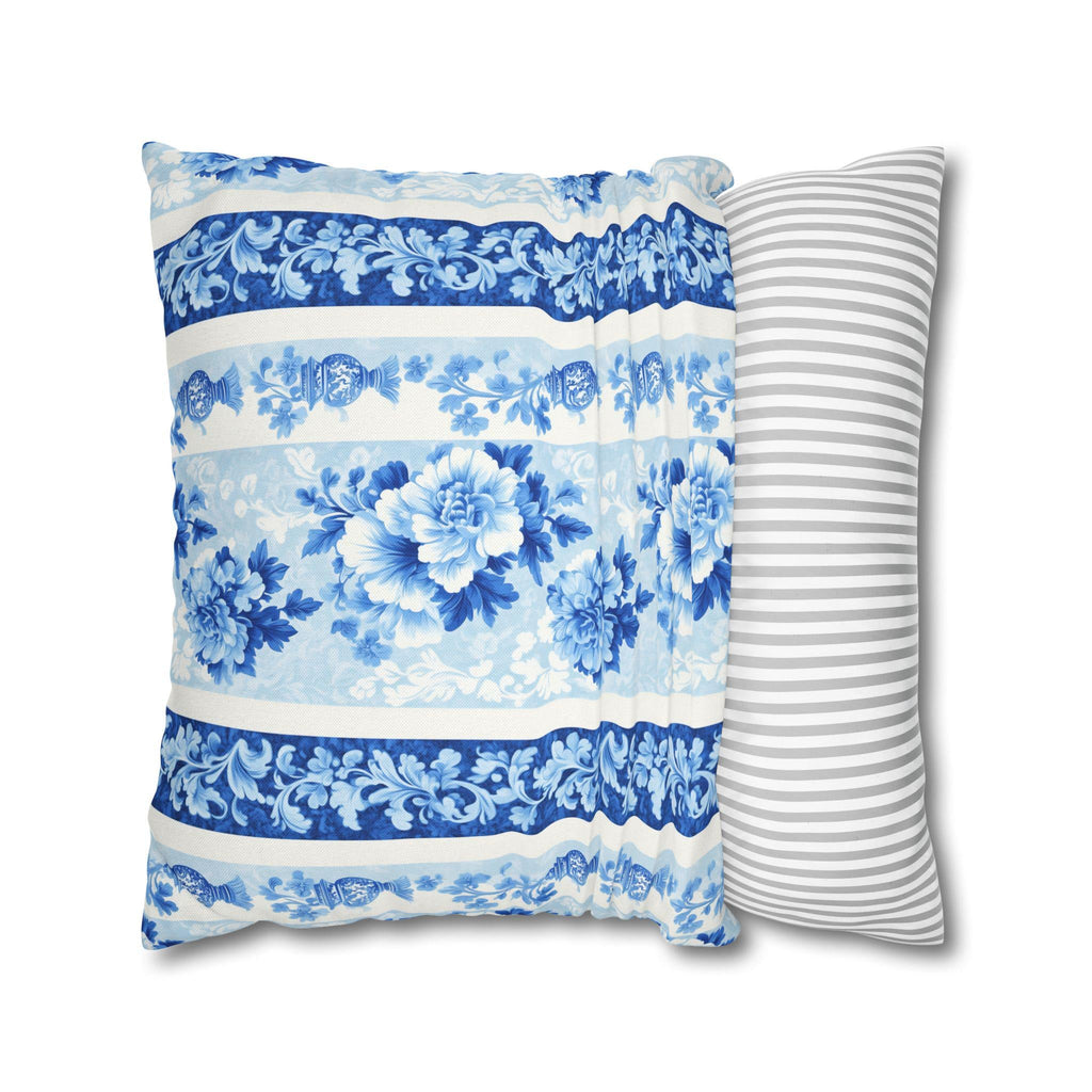 Elegant Chinoiserie Floral Pillowcase: Blue & White Striped French Country Home Decor Accent