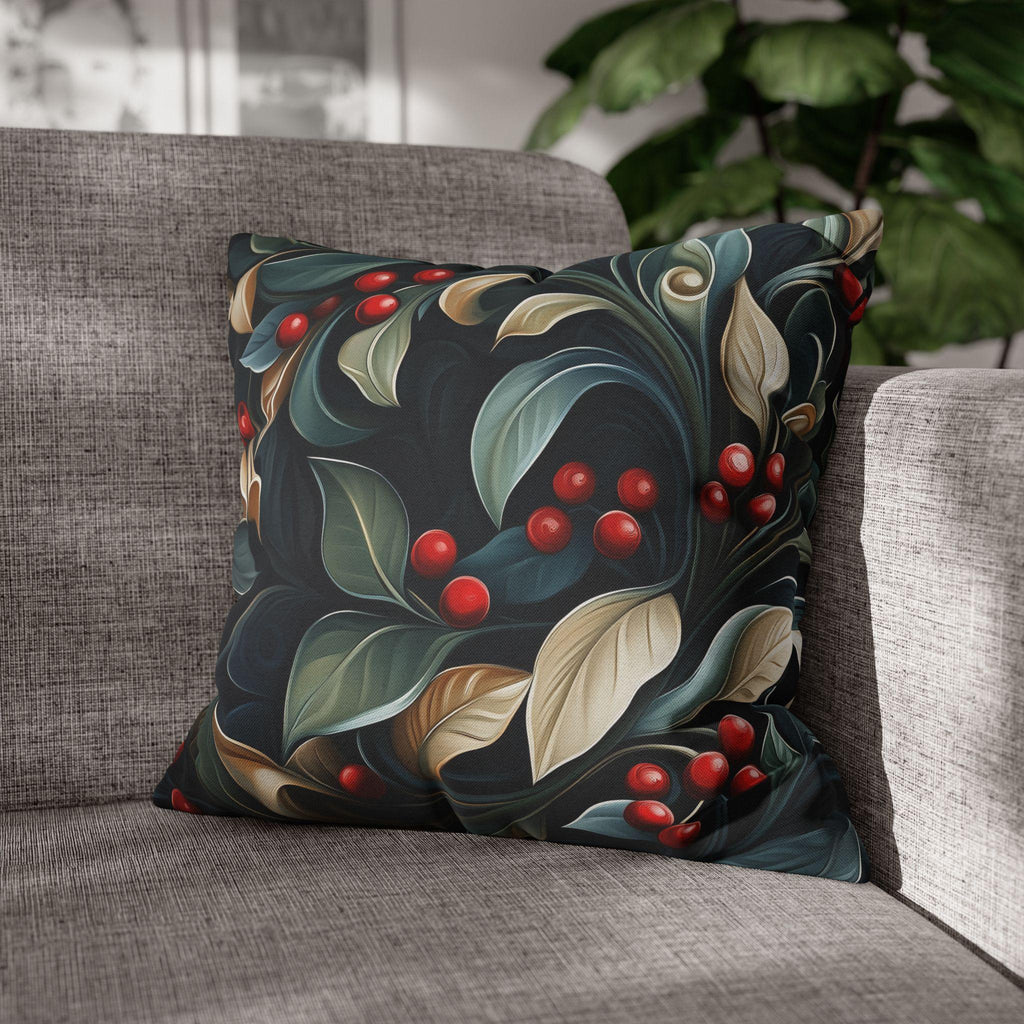 Christmas Botanical Square Pillowcase, Elegant Holly Leaves & Berries Design Cushion Cover