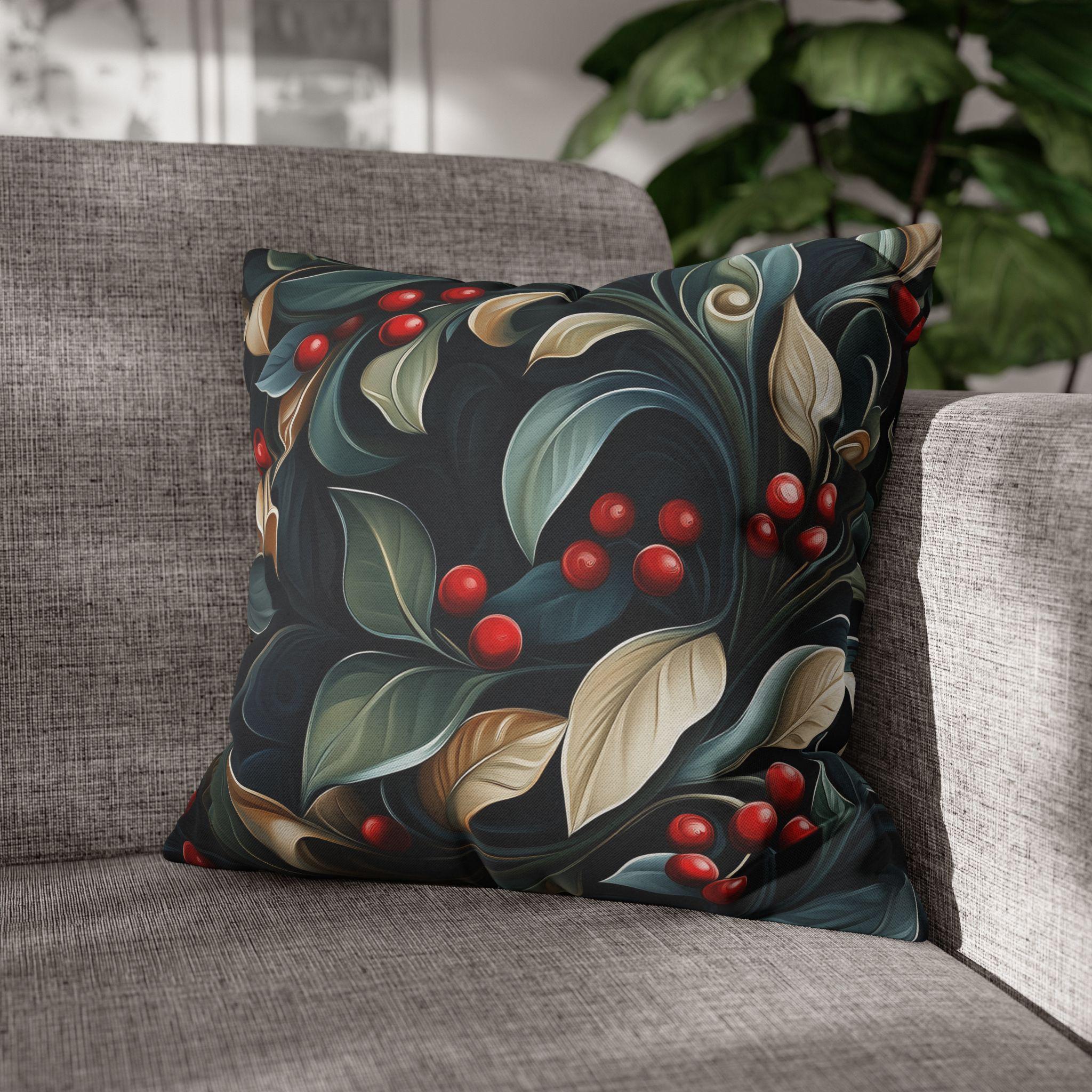 Christmas Botanical Square Pillowcase, Elegant Holly Leaves & Berries Design Cushion Cover