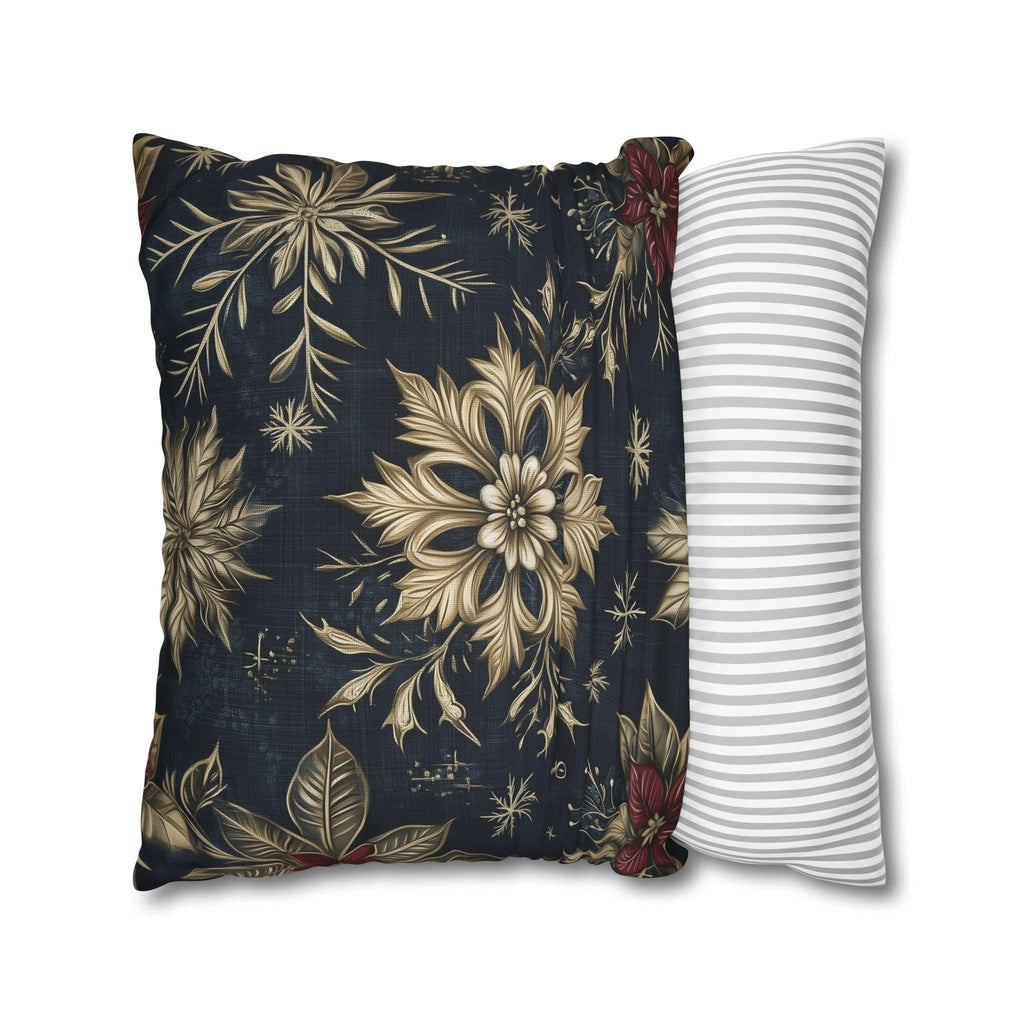 Sophisticated Holiday Pillow Cover | Golden Poinsettia and Snowflake Design | Denim Blue Background