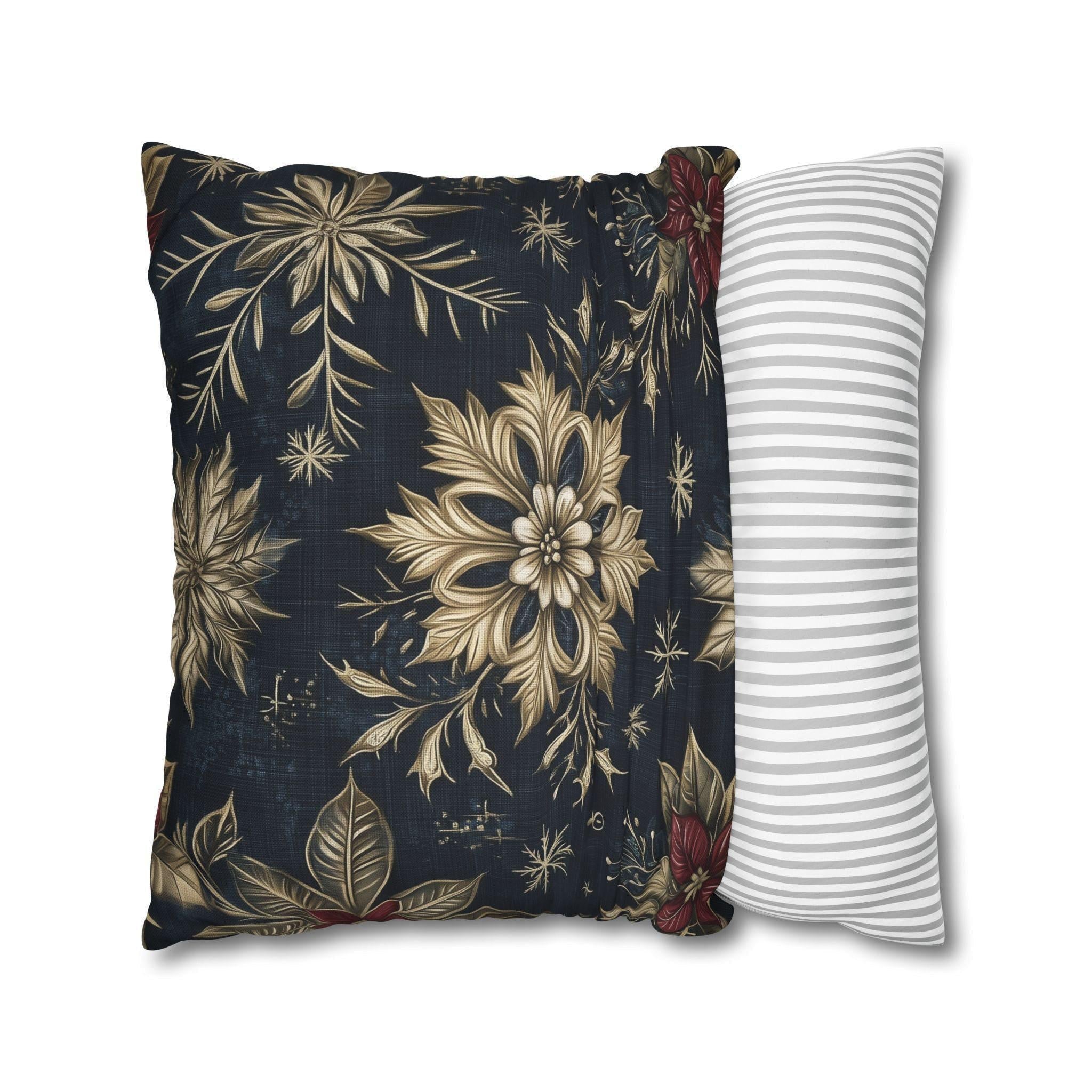 Sophisticated Holiday Pillow Cover | Golden Poinsettia and Snowflake Design | Denim Blue Background