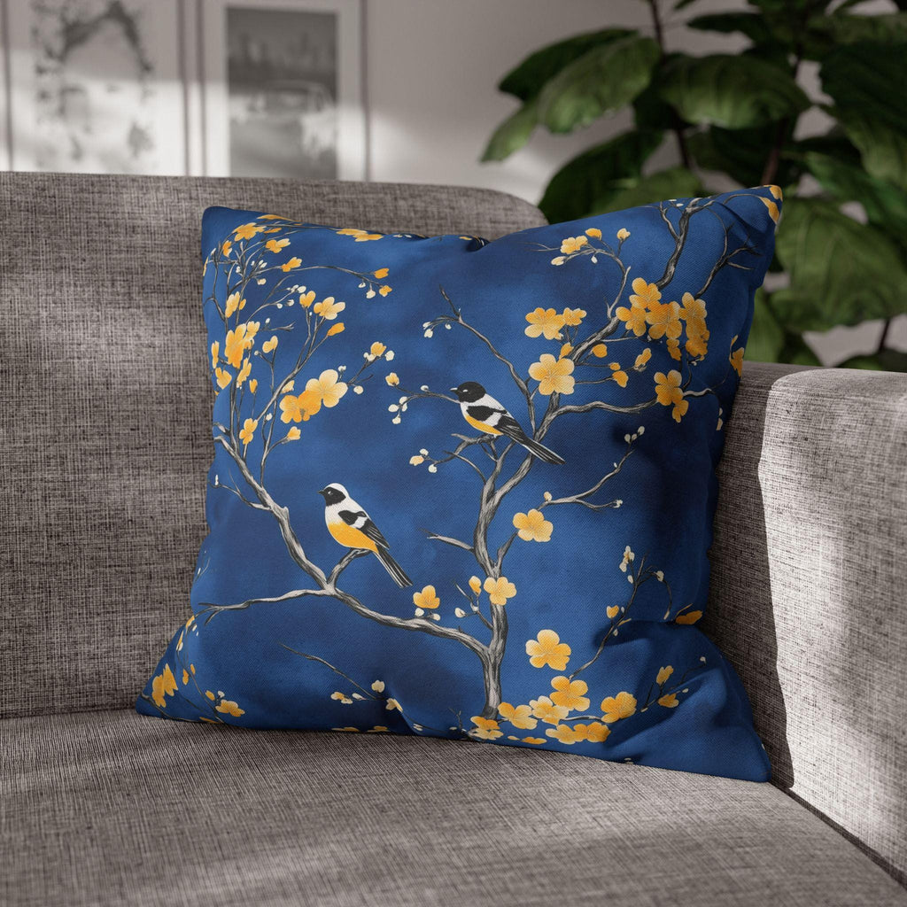Royal Blue Chinoiserie Pillow Cover: Elegant Asian-Inspired Cushion with Yellow Blossoms and Birds