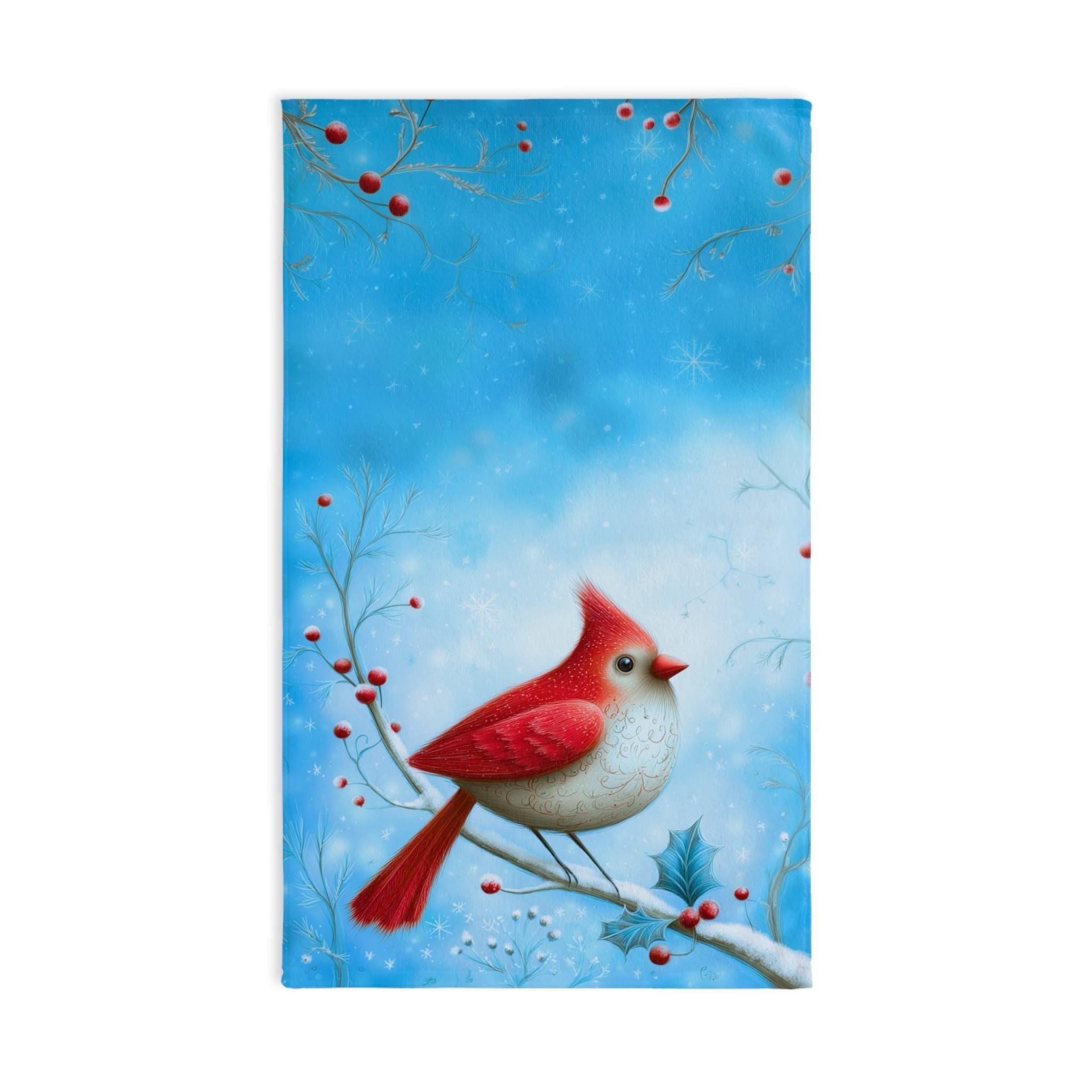 Winter Cardinal Bird Hand Towel: Frosty Blue Holiday Tea Towel