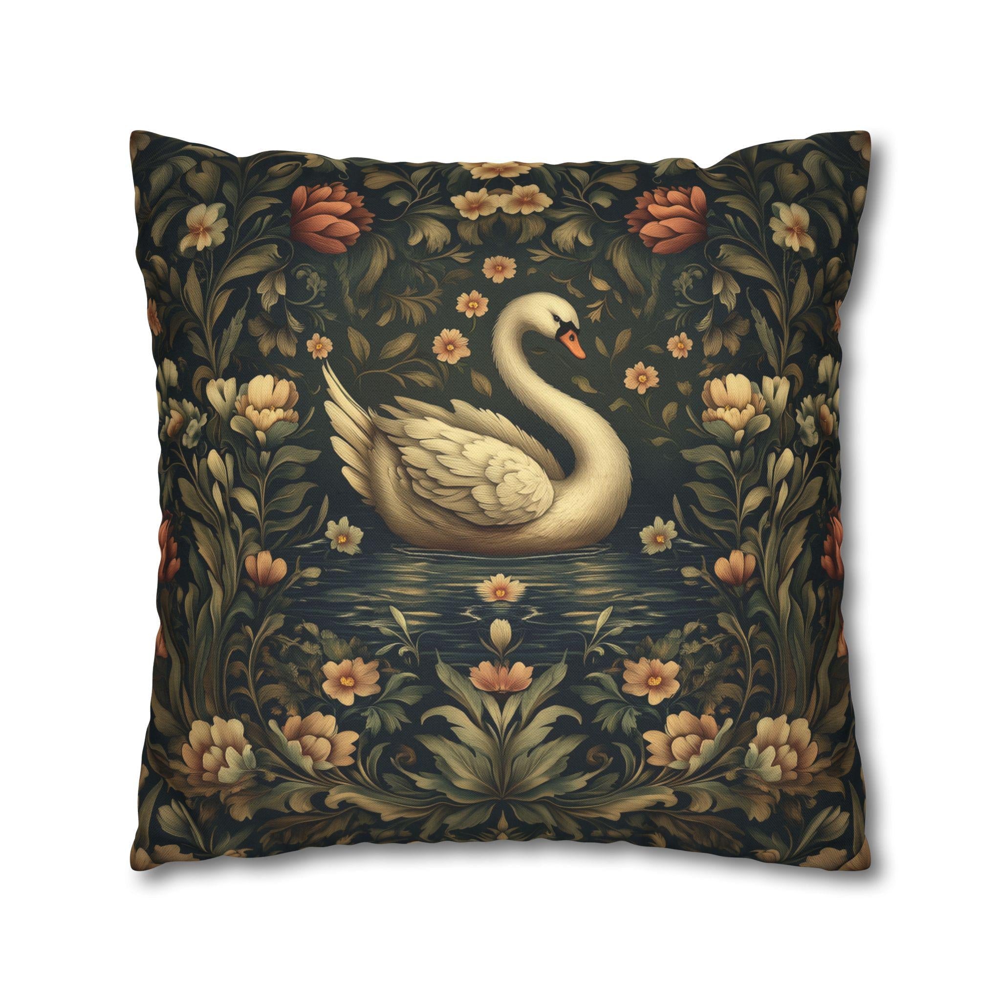 William Morris Inspired Swan Lake Decorative Pillow Cover: Moody Floral Fairytale Cushion Case