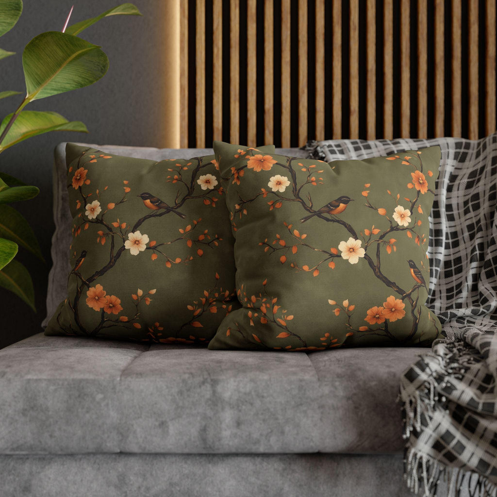 Chinoiserie Bird Pillow Cover: Peach & Brown Floral, Olive Green Accent