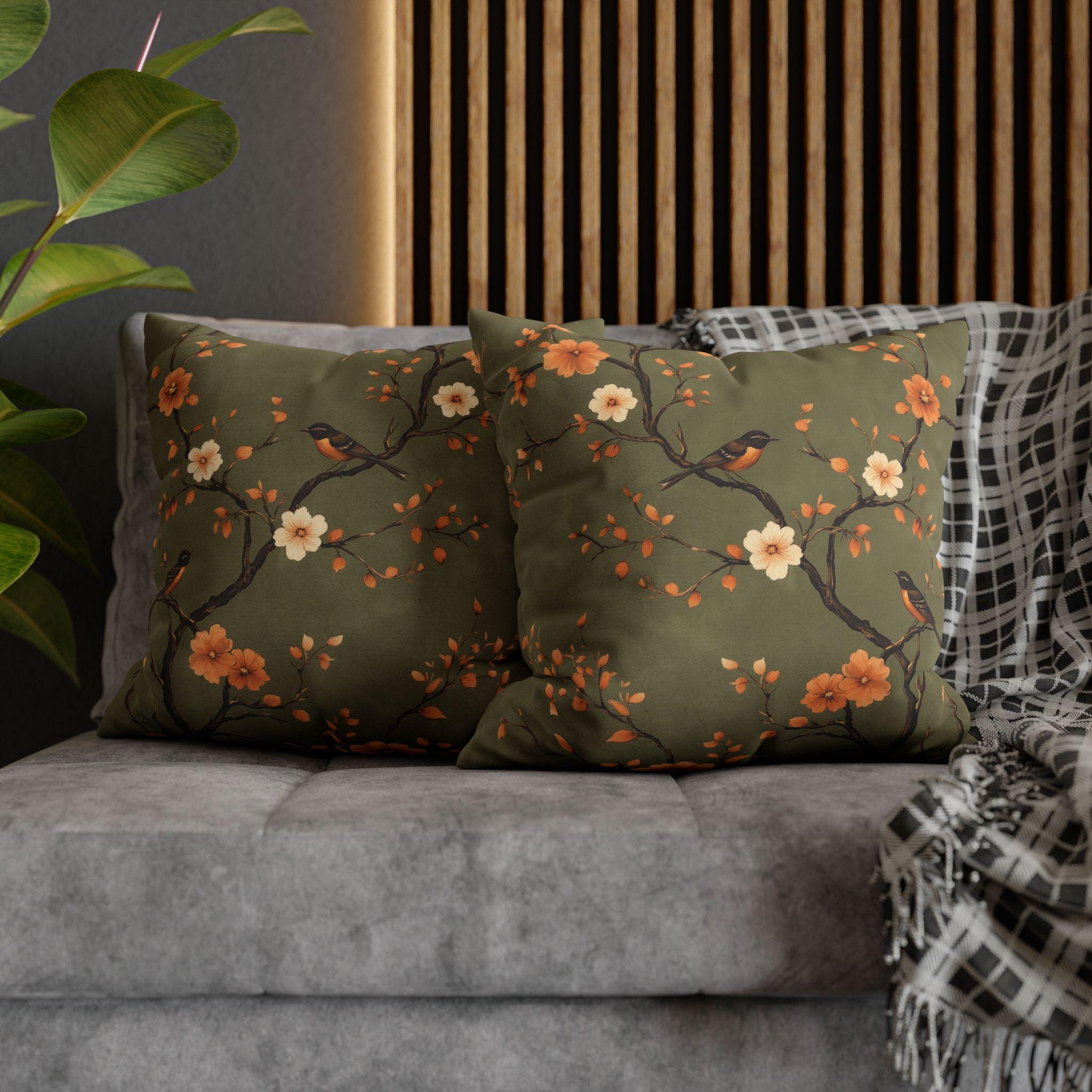 Chinoiserie Bird Pillow Cover: Peach & Brown Floral, Olive Green Accent
