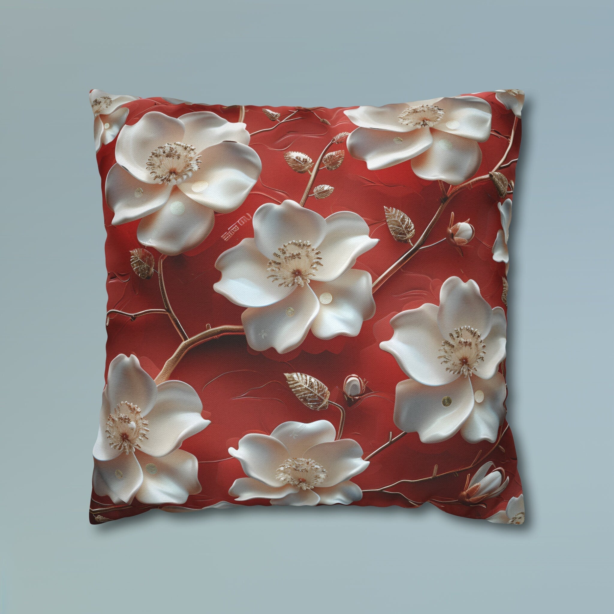 Romantic Berry & White Floral Pillow Cover with Golden Centers - Elegant Cushion for Home Decor