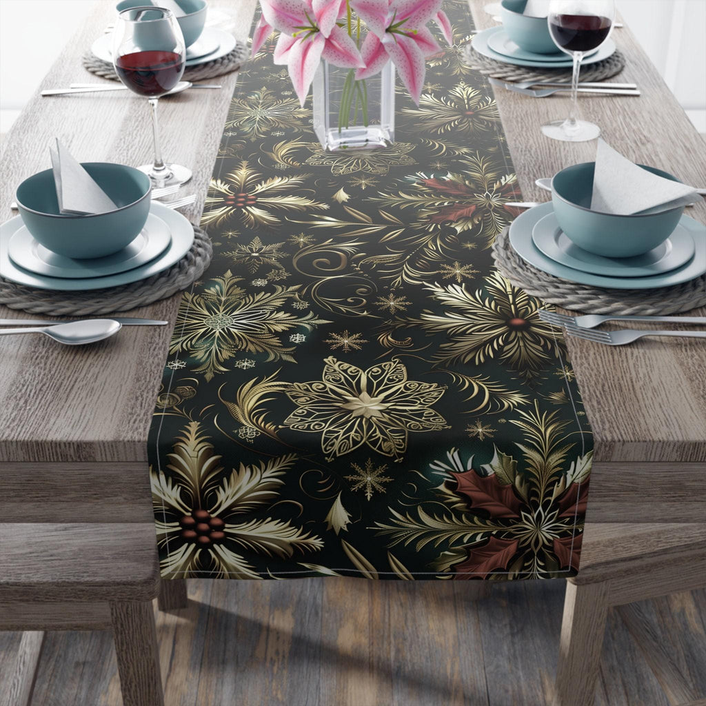 Emerald Green Holiday Table Runner: Gold Snowflakes, Red Poinsettias