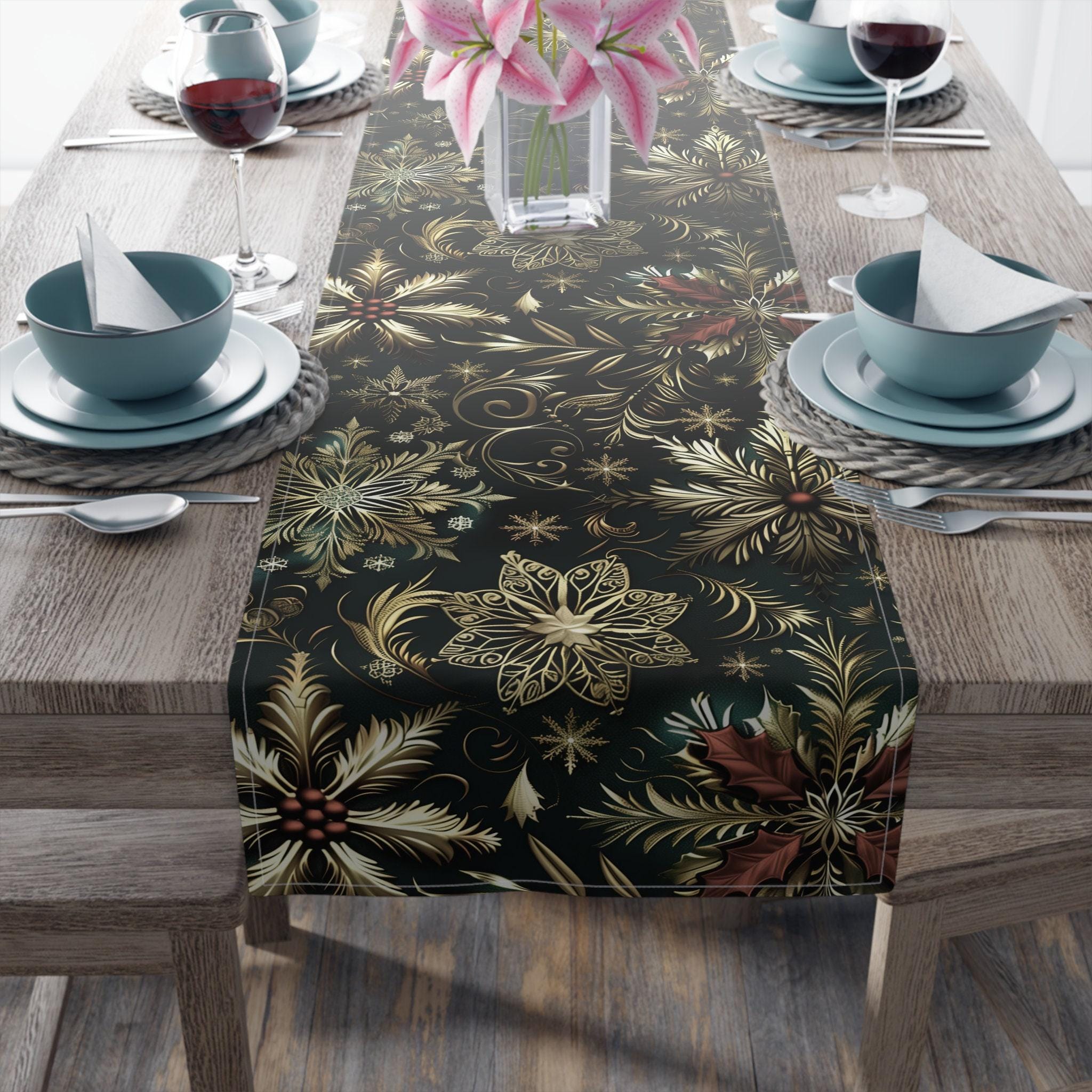 Emerald Green Holiday Table Runner: Gold Snowflakes, Red Poinsettias