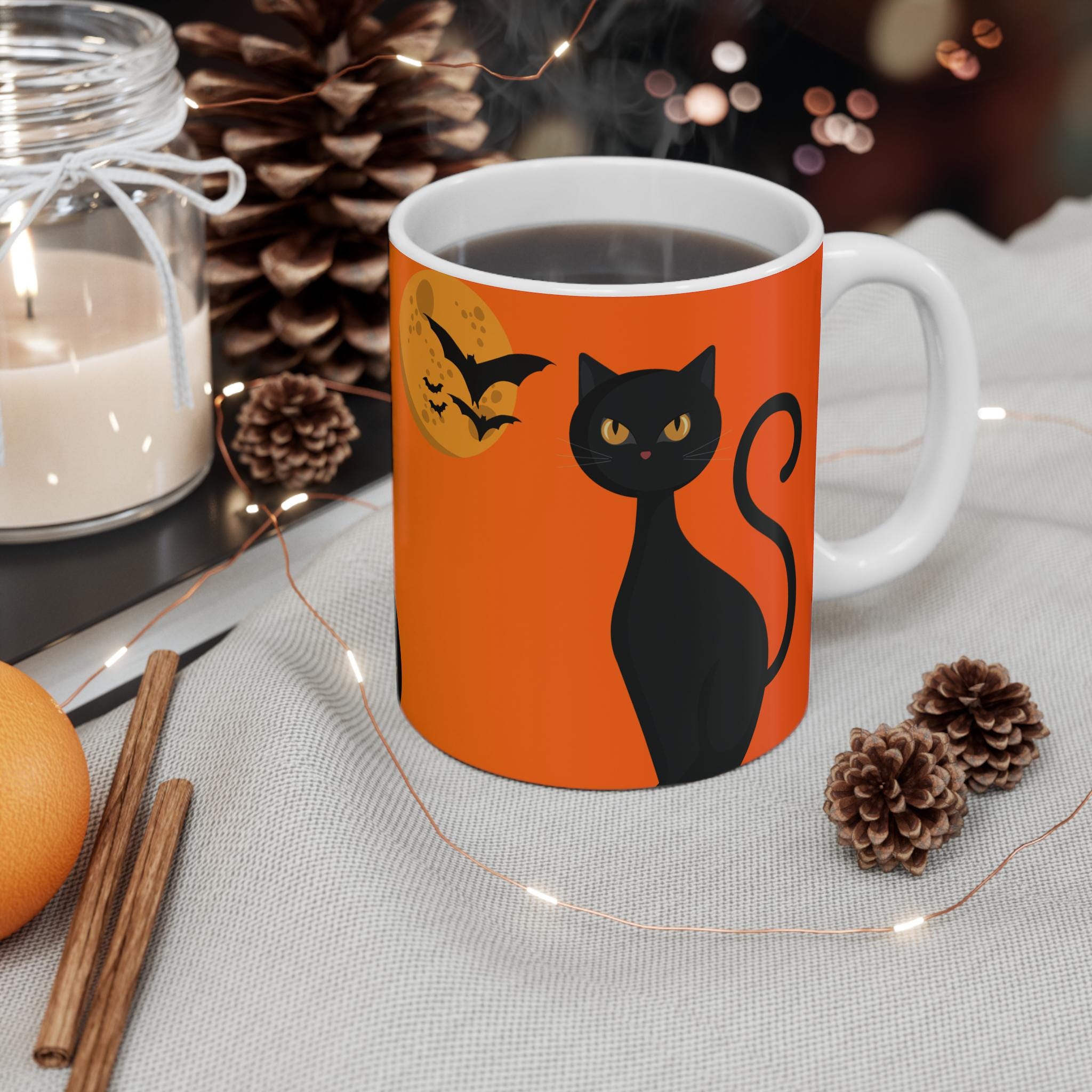 Halloween Black Cat Mug: Spooky Jack-O-Lantern Decor, 11oz Ceramic Cup
