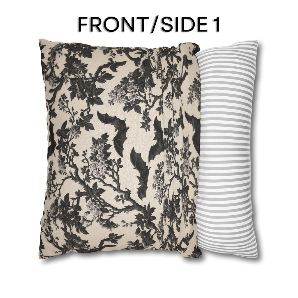 Chinoiserie Five Bats Pillow Cover: Black and Cream Halloween Floral