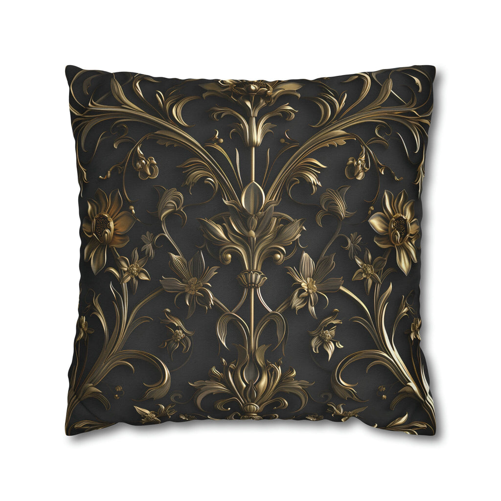 Luxurious Italian Baroque Pillow Cover: Golden Floral on Charcoal for Elegant Home Decor