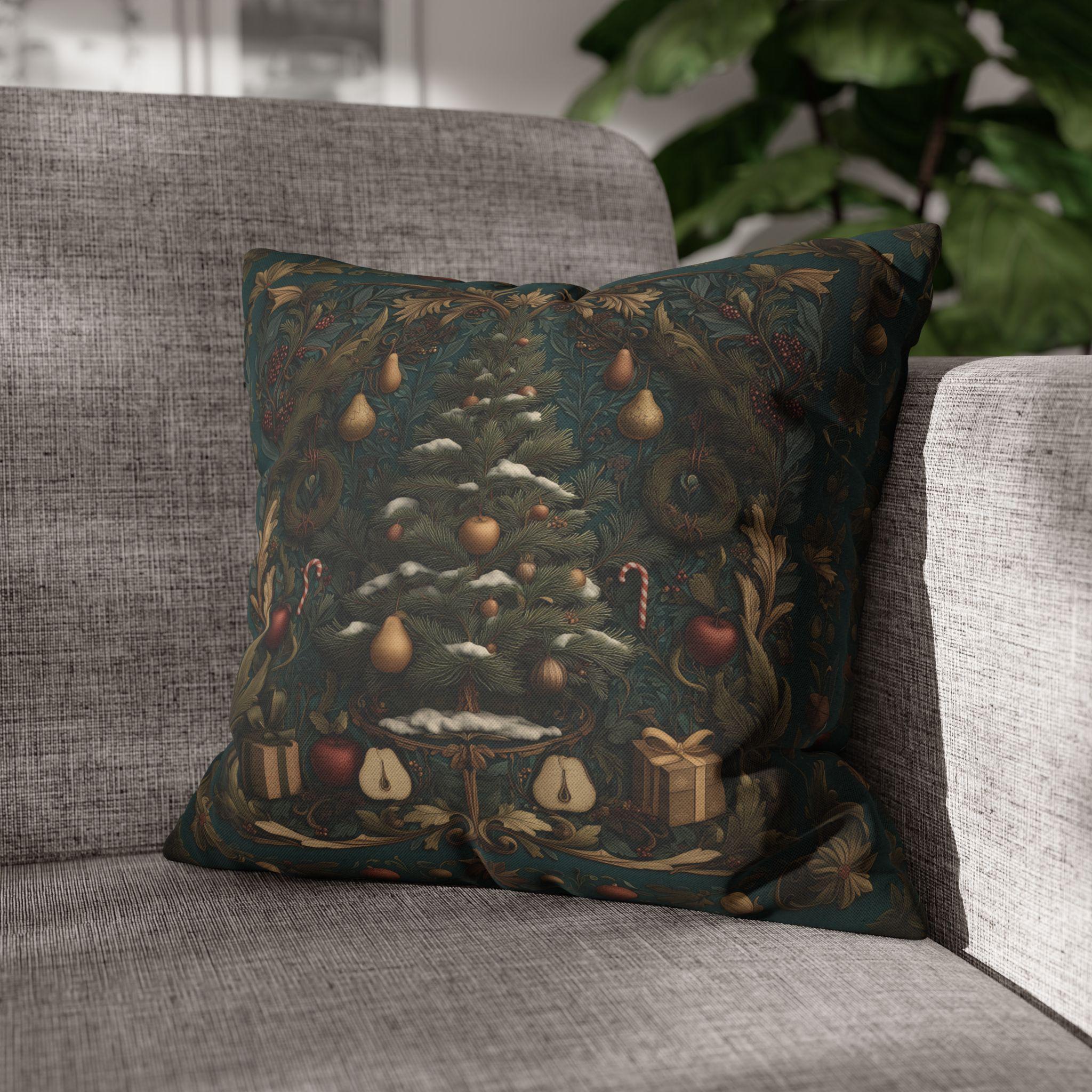 William Morris Inspired Christmas Tree Pillow Cover: Holiday Fruit & Wreath Motif