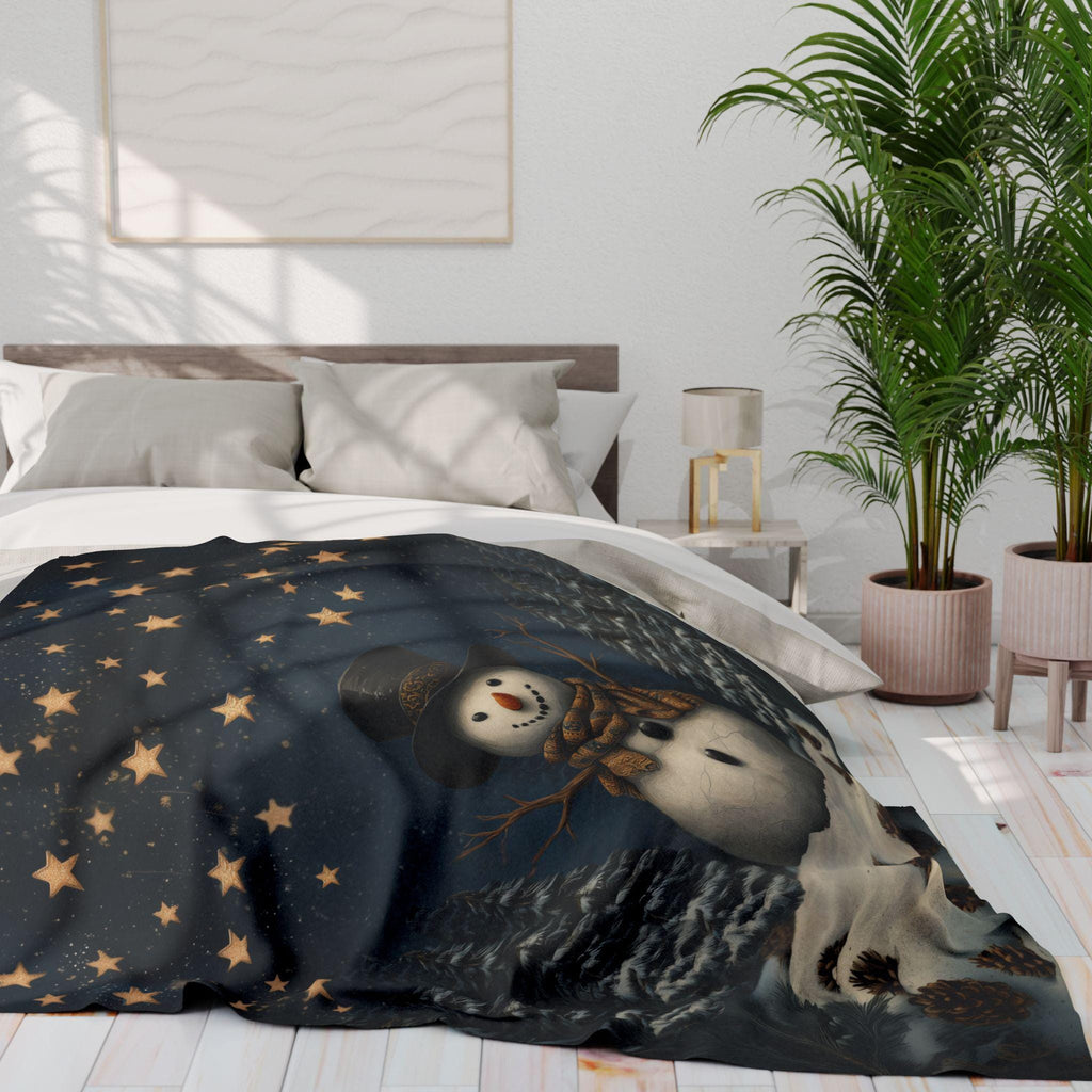 Whimsical Winter Wonderland Fleece Throw: William Morris Inspired Snowman Blanket for Cozy Christmas Decor