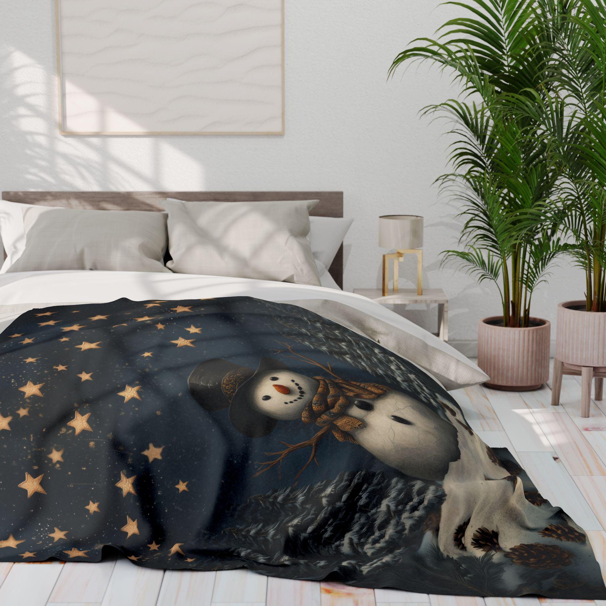 Whimsical Winter Wonderland Fleece Throw: William Morris Inspired Snowman Blanket for Cozy Christmas Decor