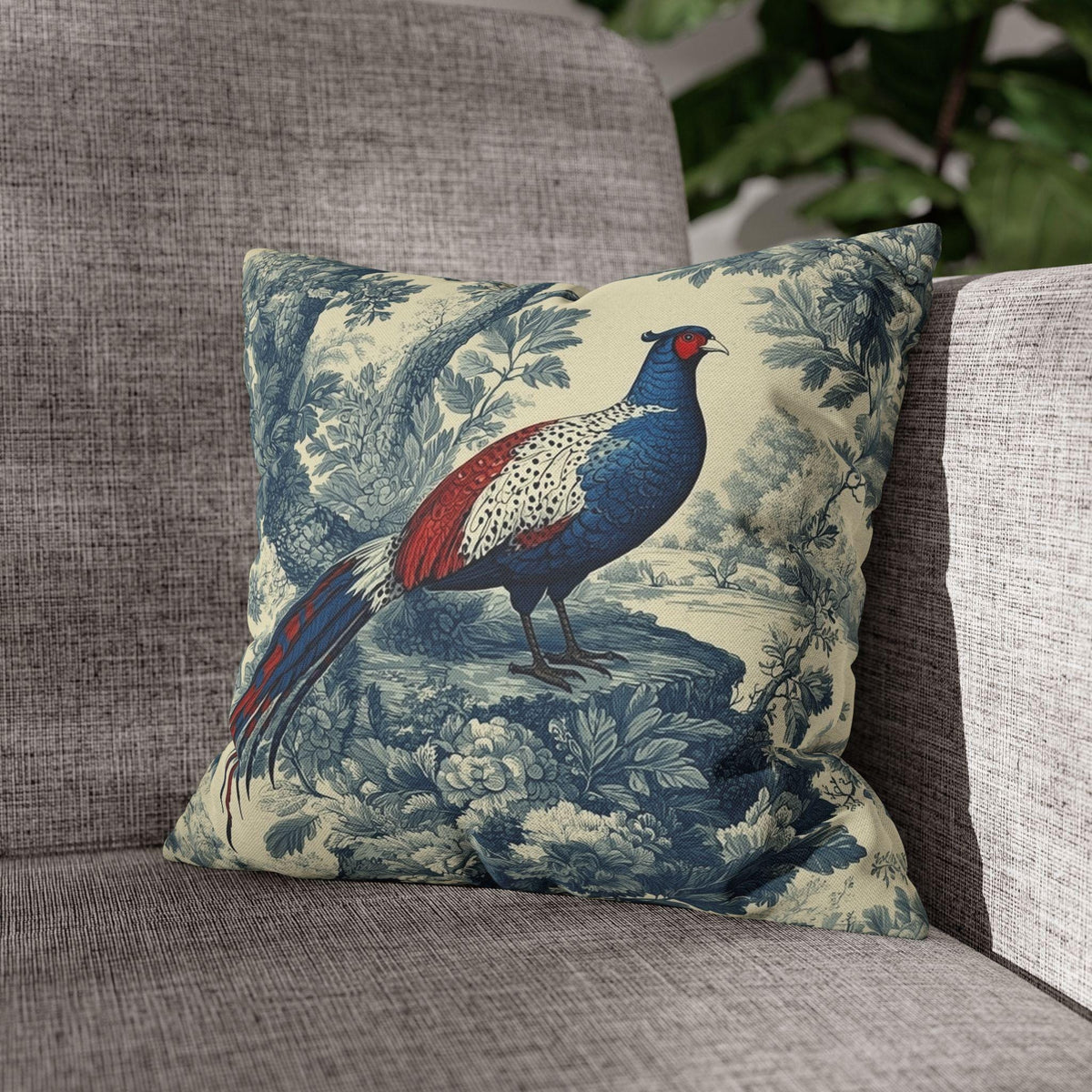 French Country Blue Pheasant Pillow Cover: Vintage Toile Bird and Botanical Design