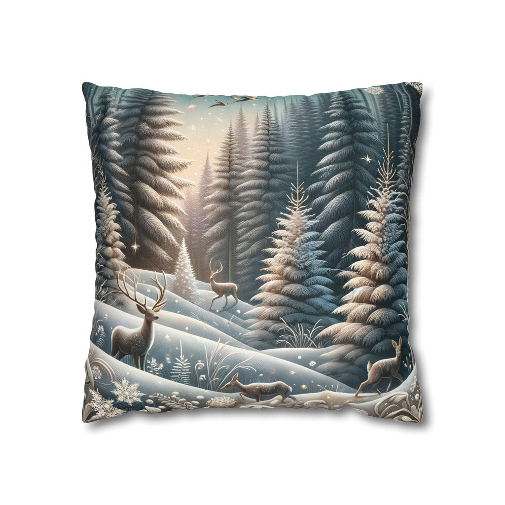 Elegant Winter Forest Pillow Cover: 3D-Rendered Snowy Scene with Wildlife for Festive Home Decor