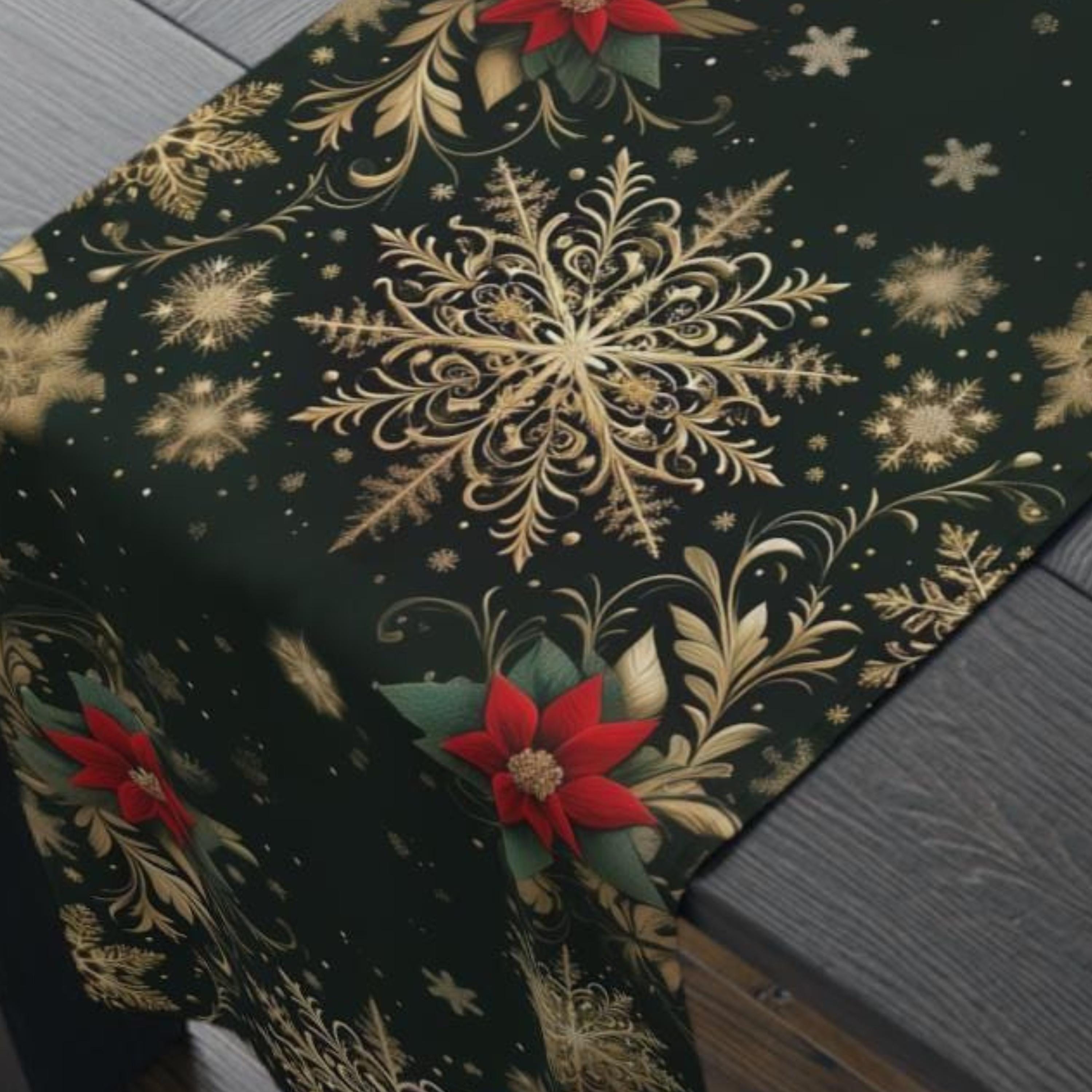 Emerald Christmas Table Runner - Gold Snowflakes and Festive Poinsettias