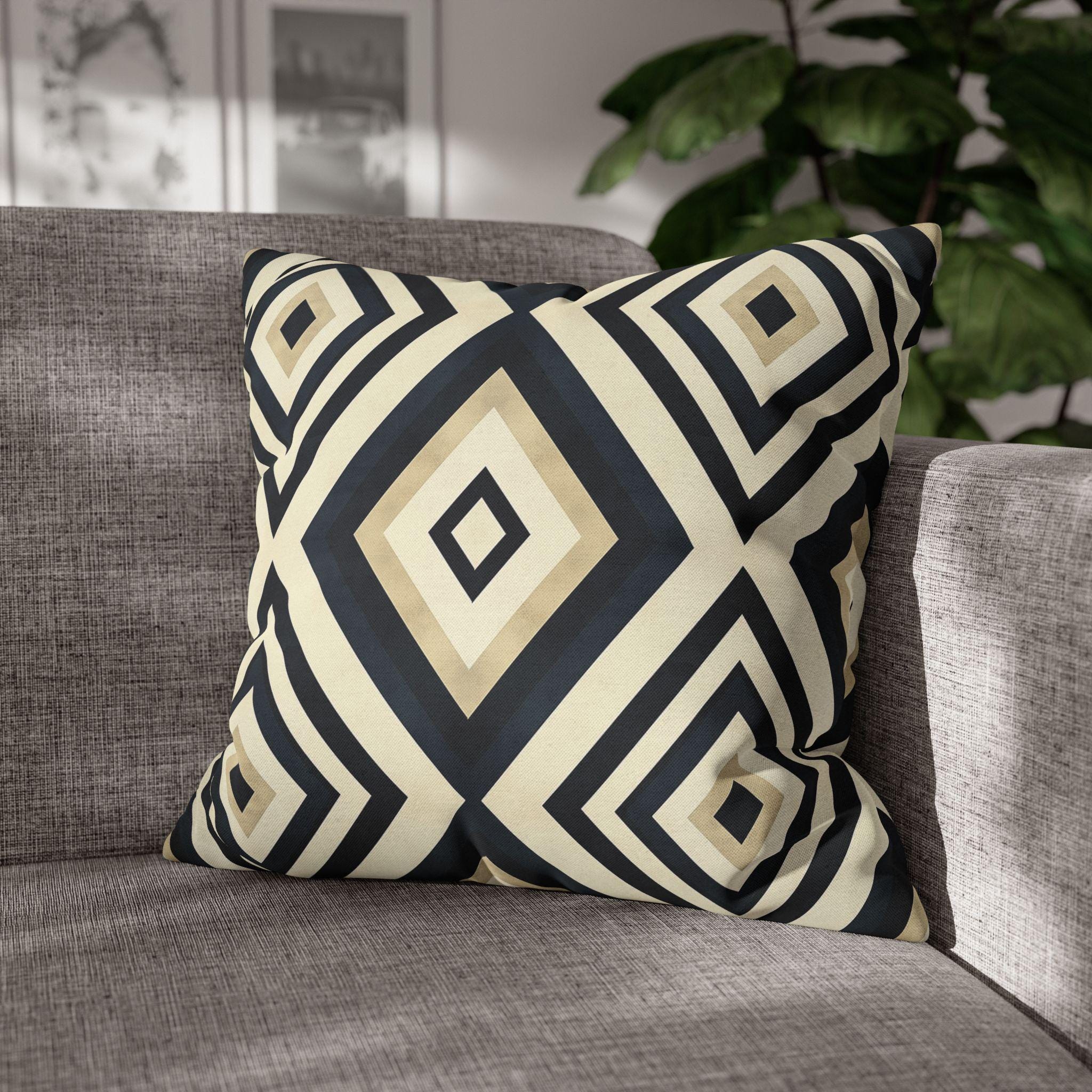 Diamond Geometric Pillow Cover: Navy, Cream & Beige - Modern Decor