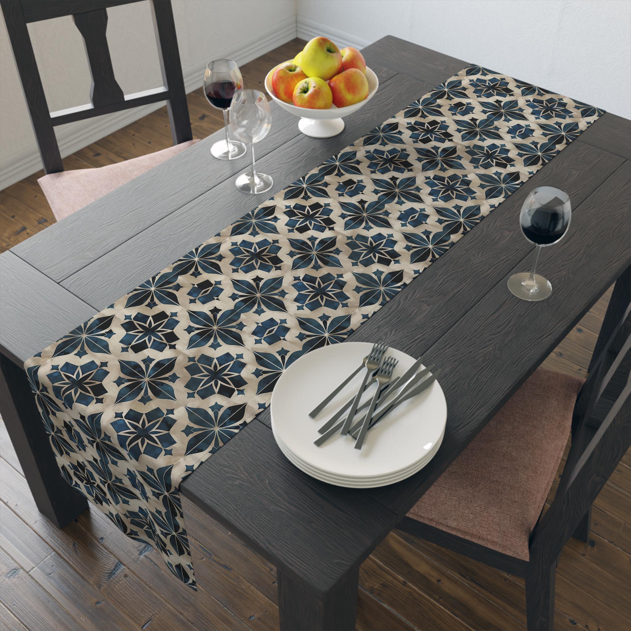 Moroccan Tile-Inspired Table Runner Geometric Pattern, Navy Blue Beige