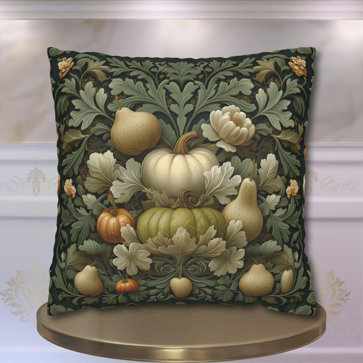 William Morris Inspired Pillow Cover: Vintage Style Autumn Tapestry in Sage and Cream