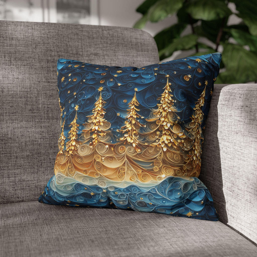 A Stary Night Christmas Pillow Cover, Paper Quilling-Inspired Design, Golden Trees Under a Winters night sky